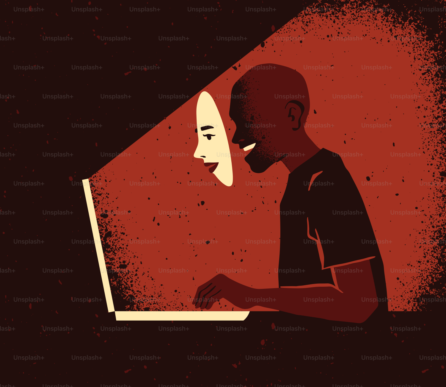 Mann hinter einer Maske mit einem Laptop