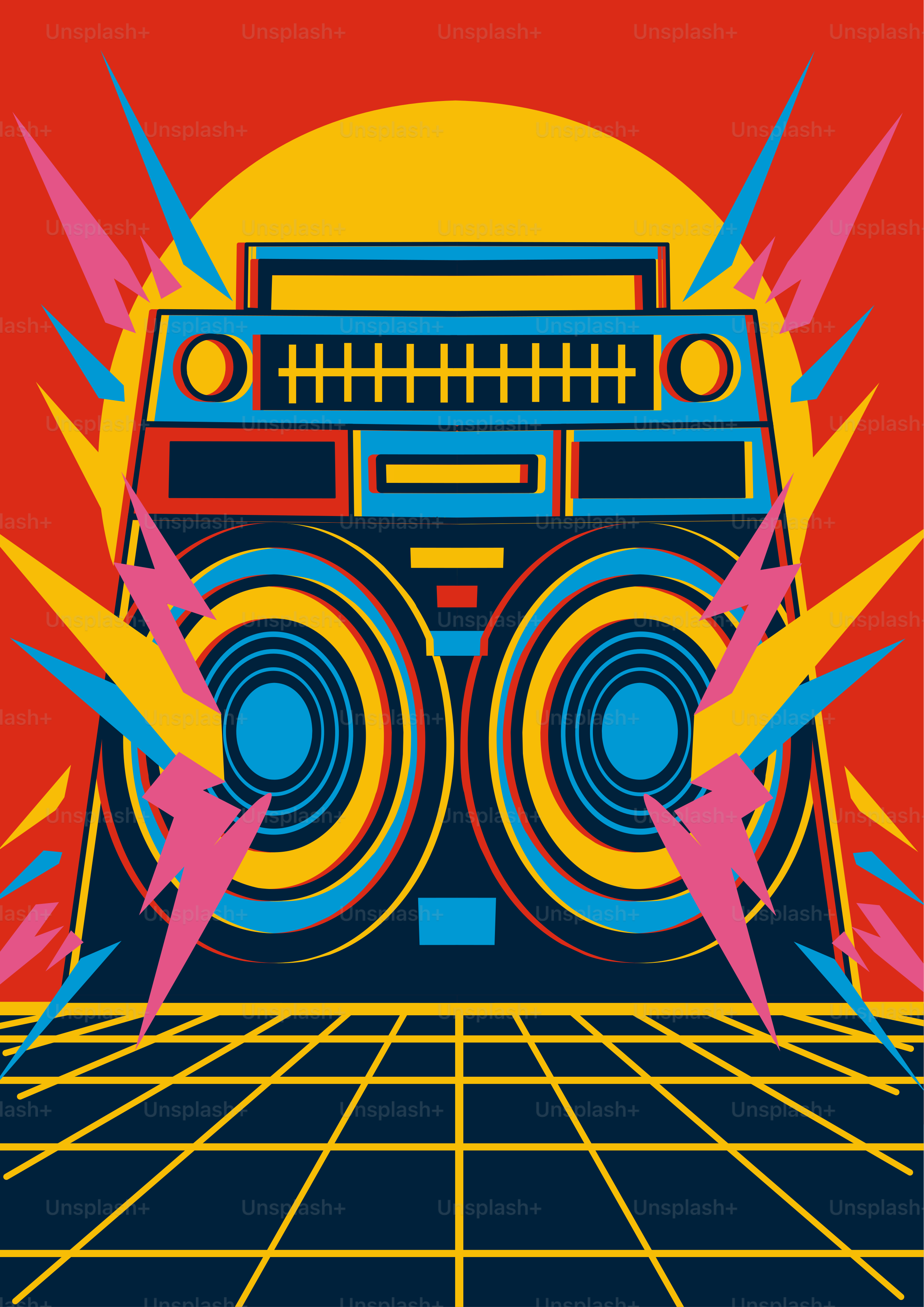 Retro boombox with colorful sound waves and grid