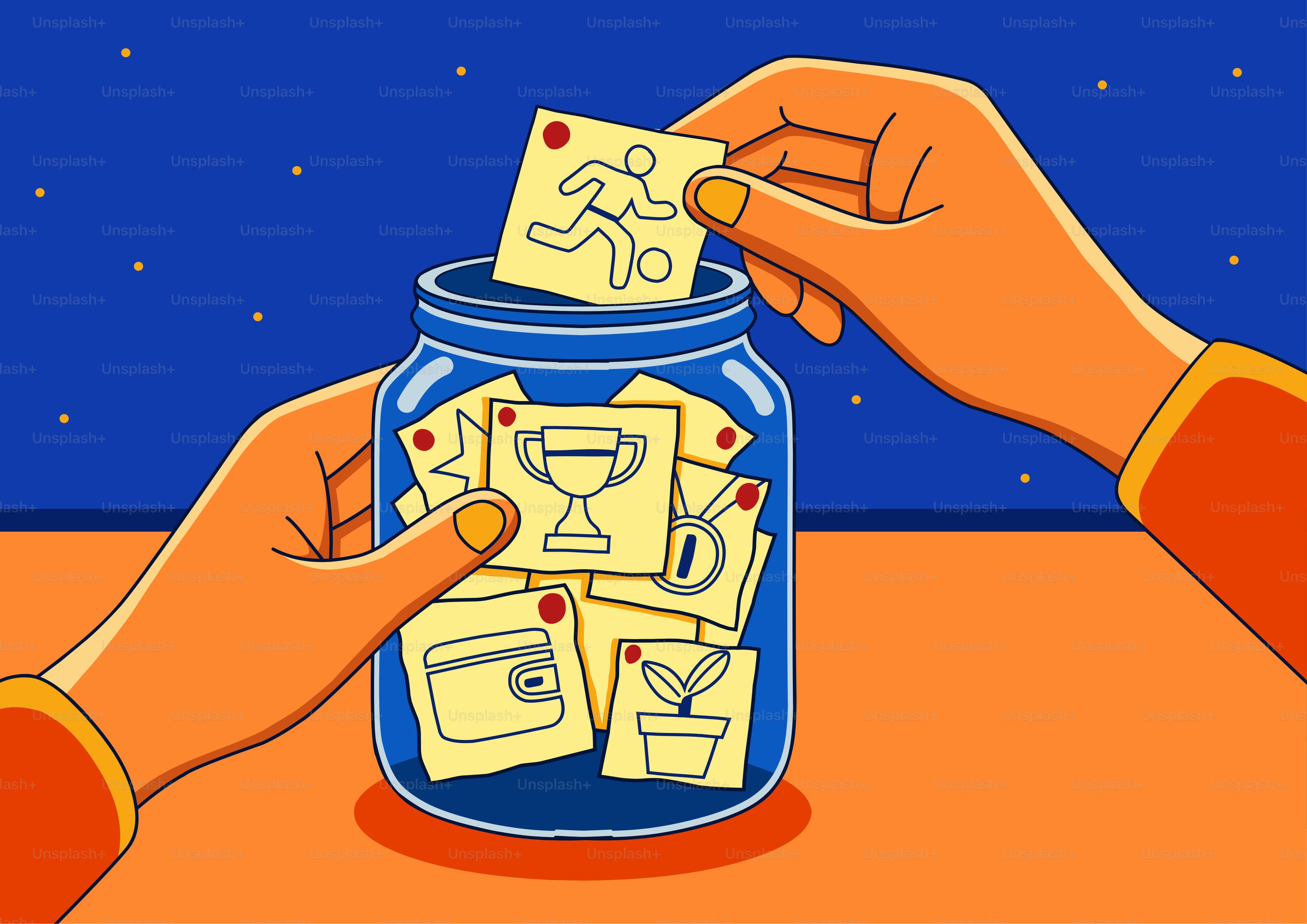 夢で満たされた瓶に目標を添える手。