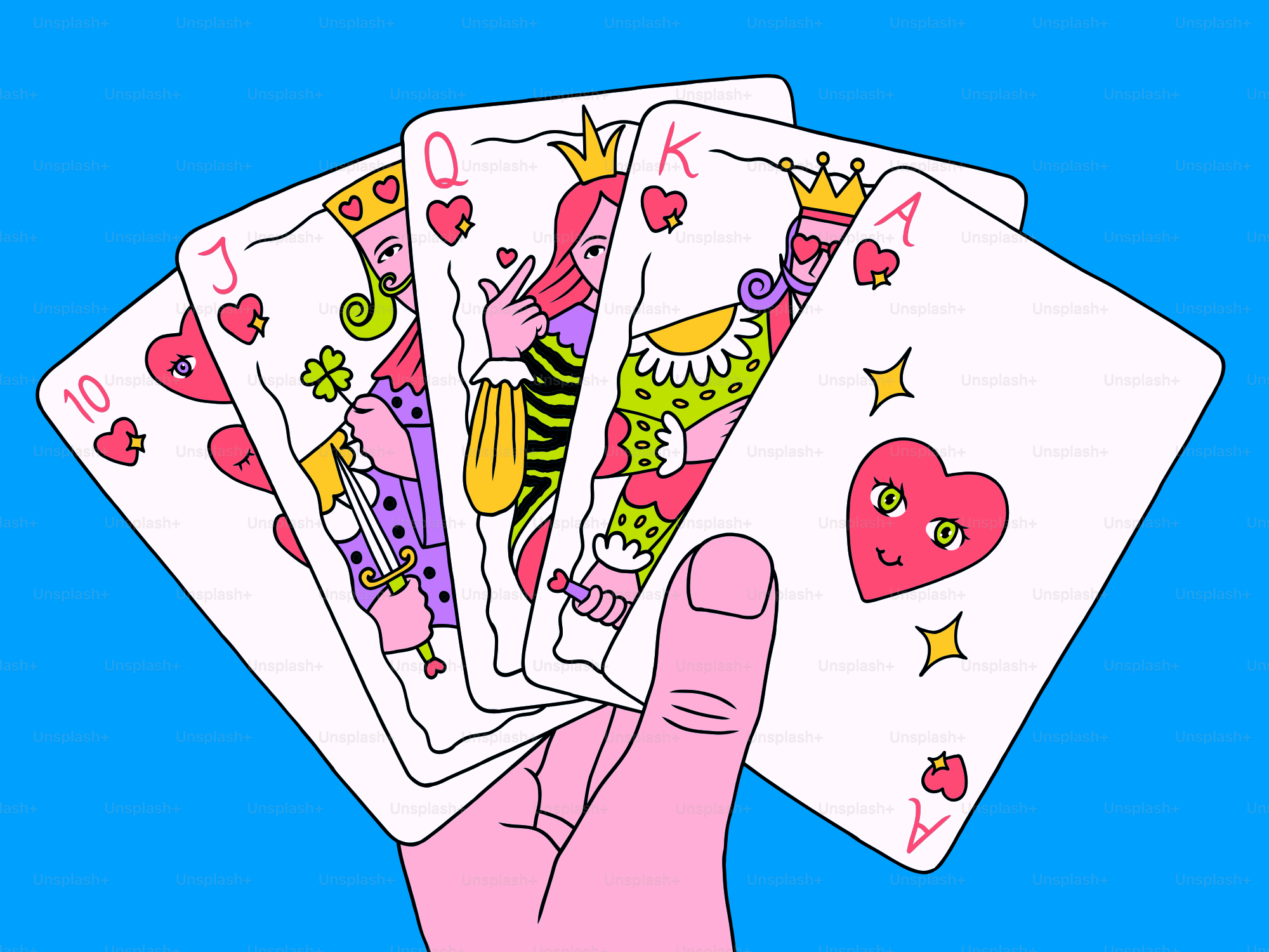 Tenant cinq cartes à jouer avec un cœur.
