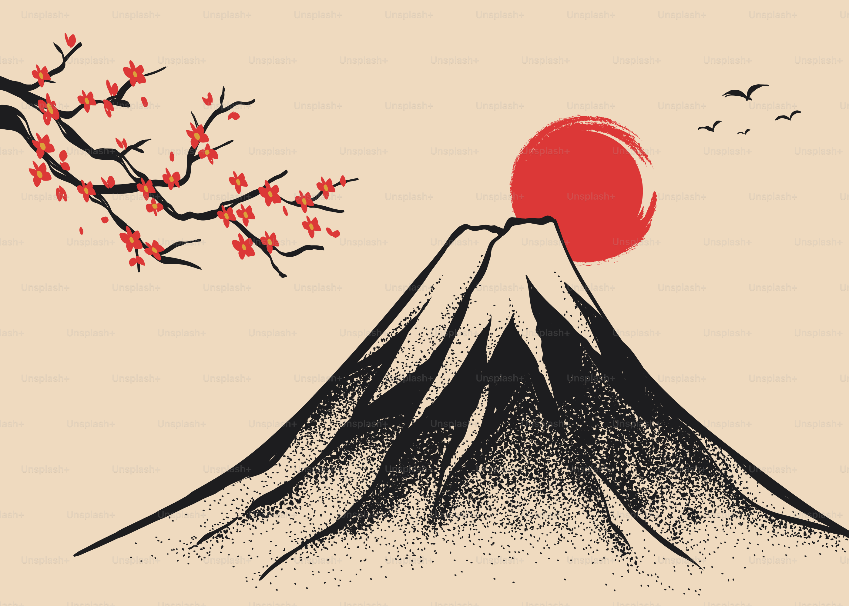 Gunung Fuji dengan matahari terbit dan bunga sakura.
