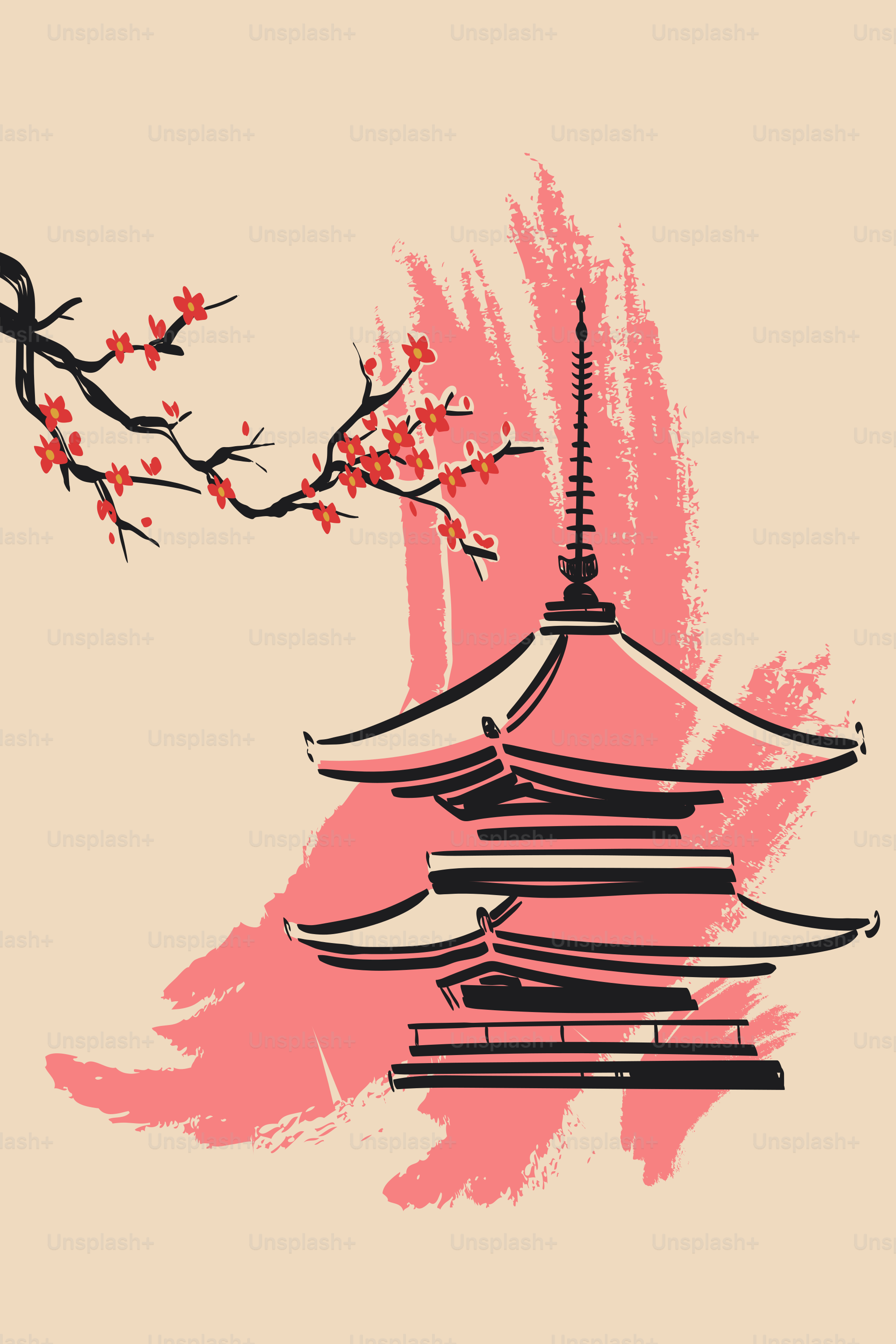 Japanese pagoda with cherry blossoms and brush strokes