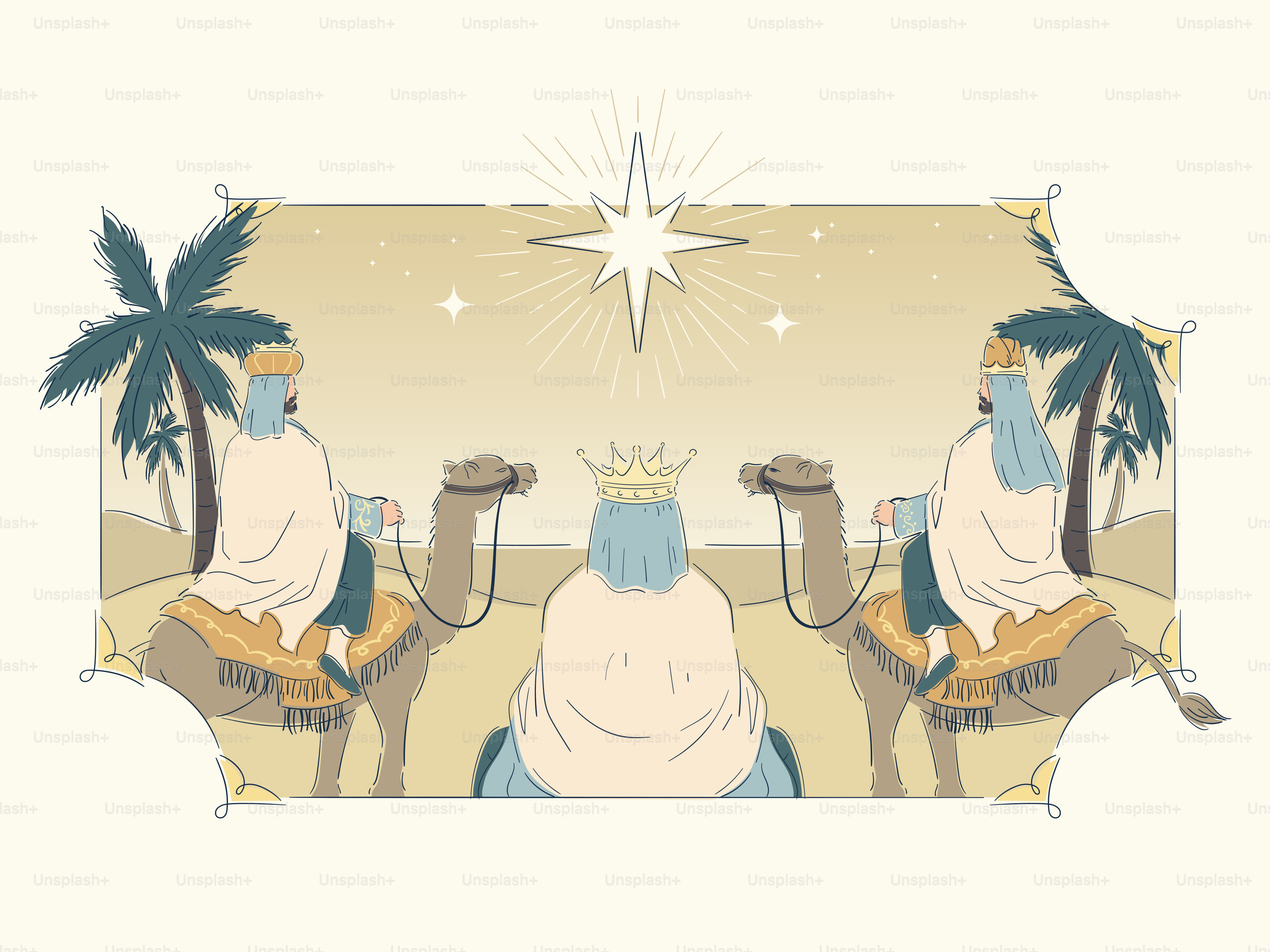 Three kings on camels follow star