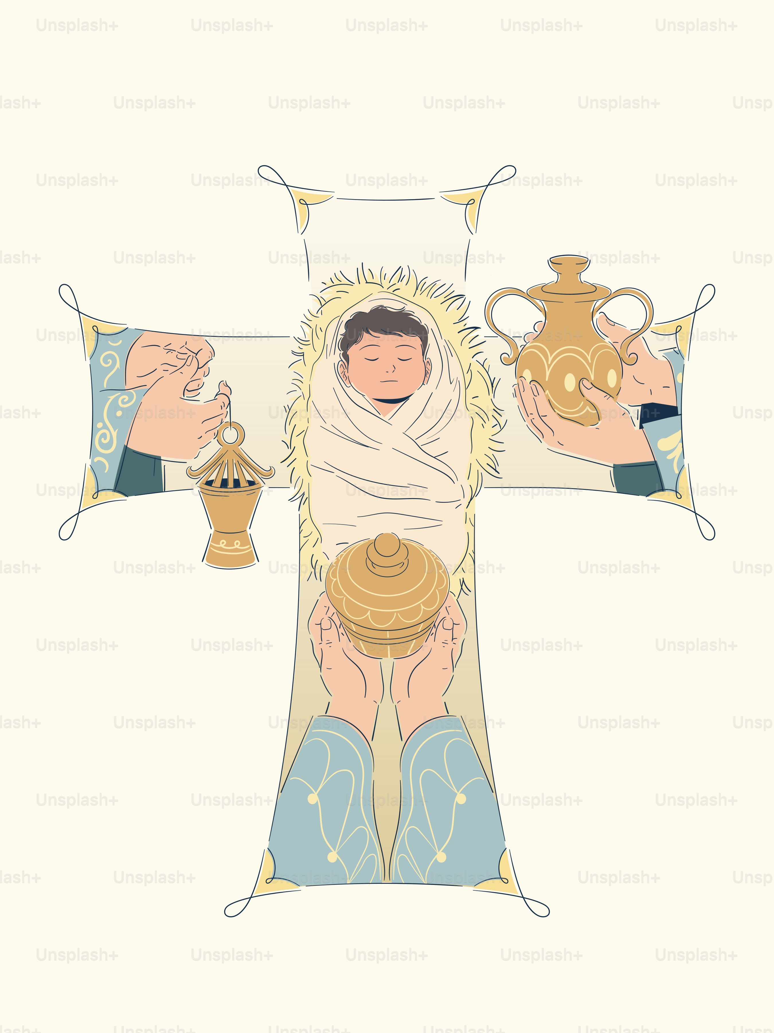 Baby jesus in manger with gifts and visitors.