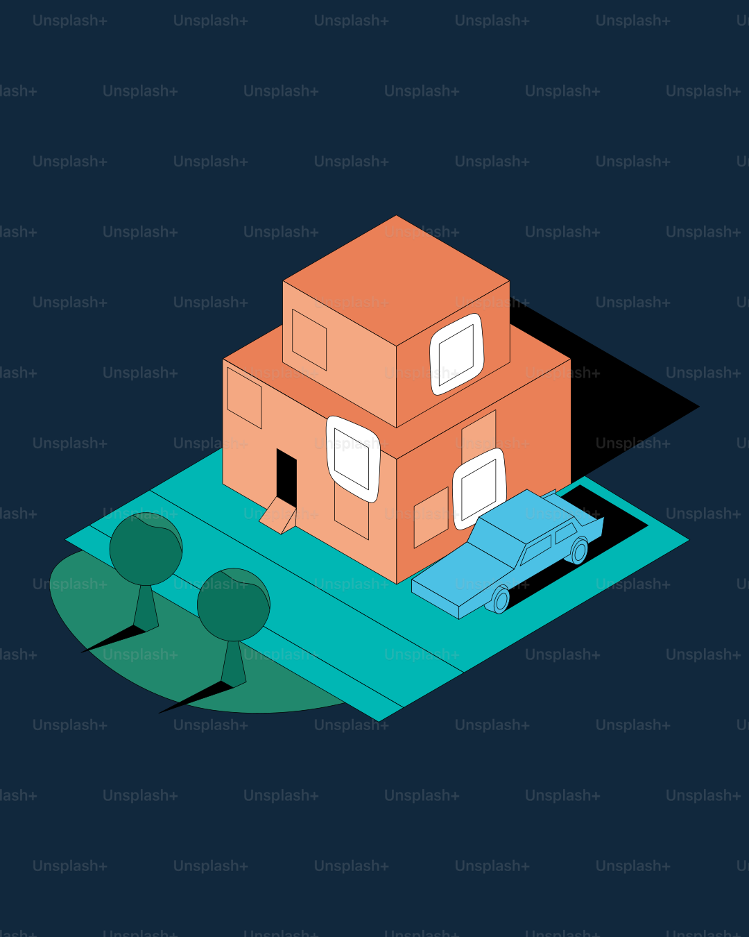 어두운 배경에 자동차와 나무가 있는 아이소메트릭 주택