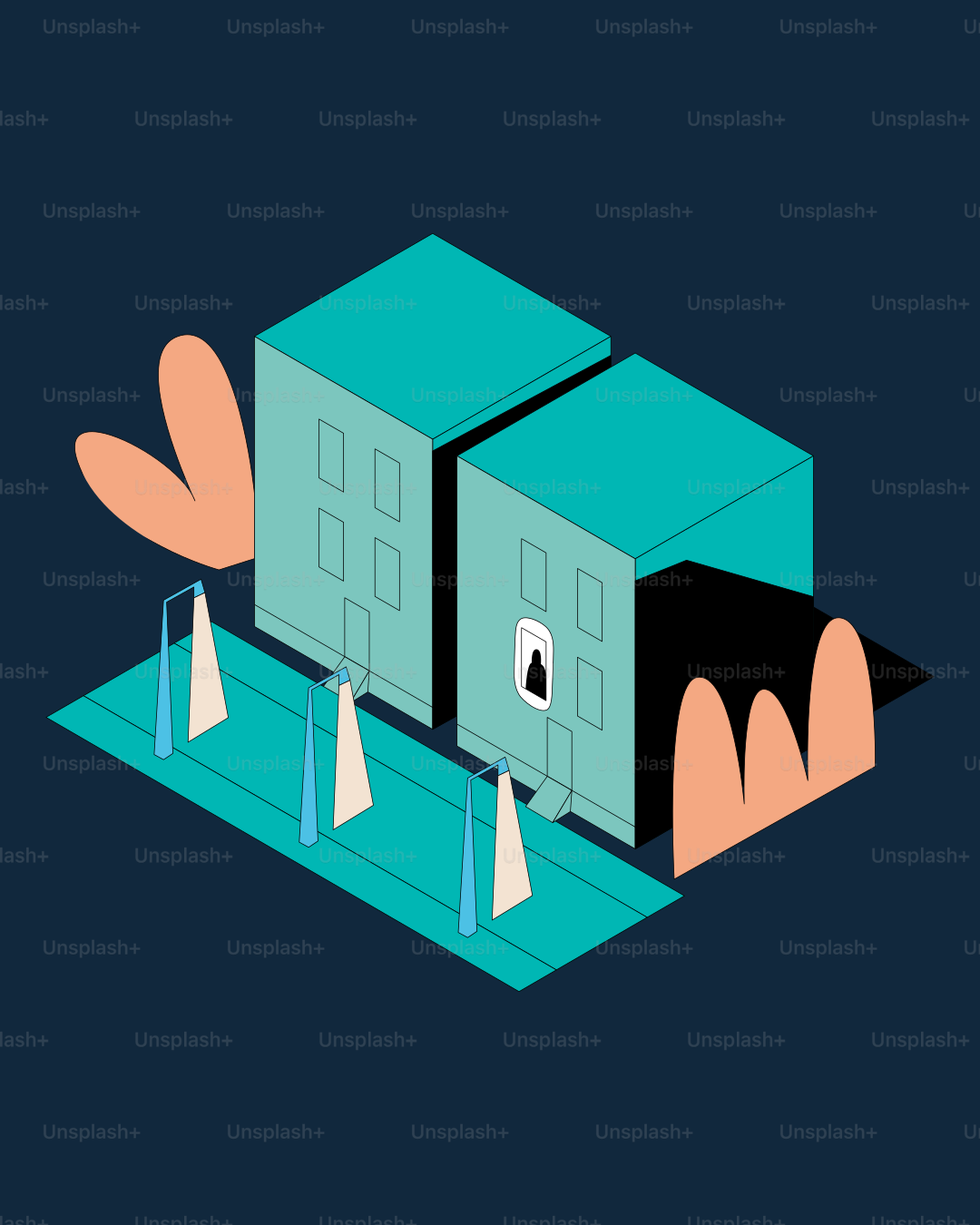 두 개의 청록색 건물과 추상적인 식물과 가로등이 있었다.