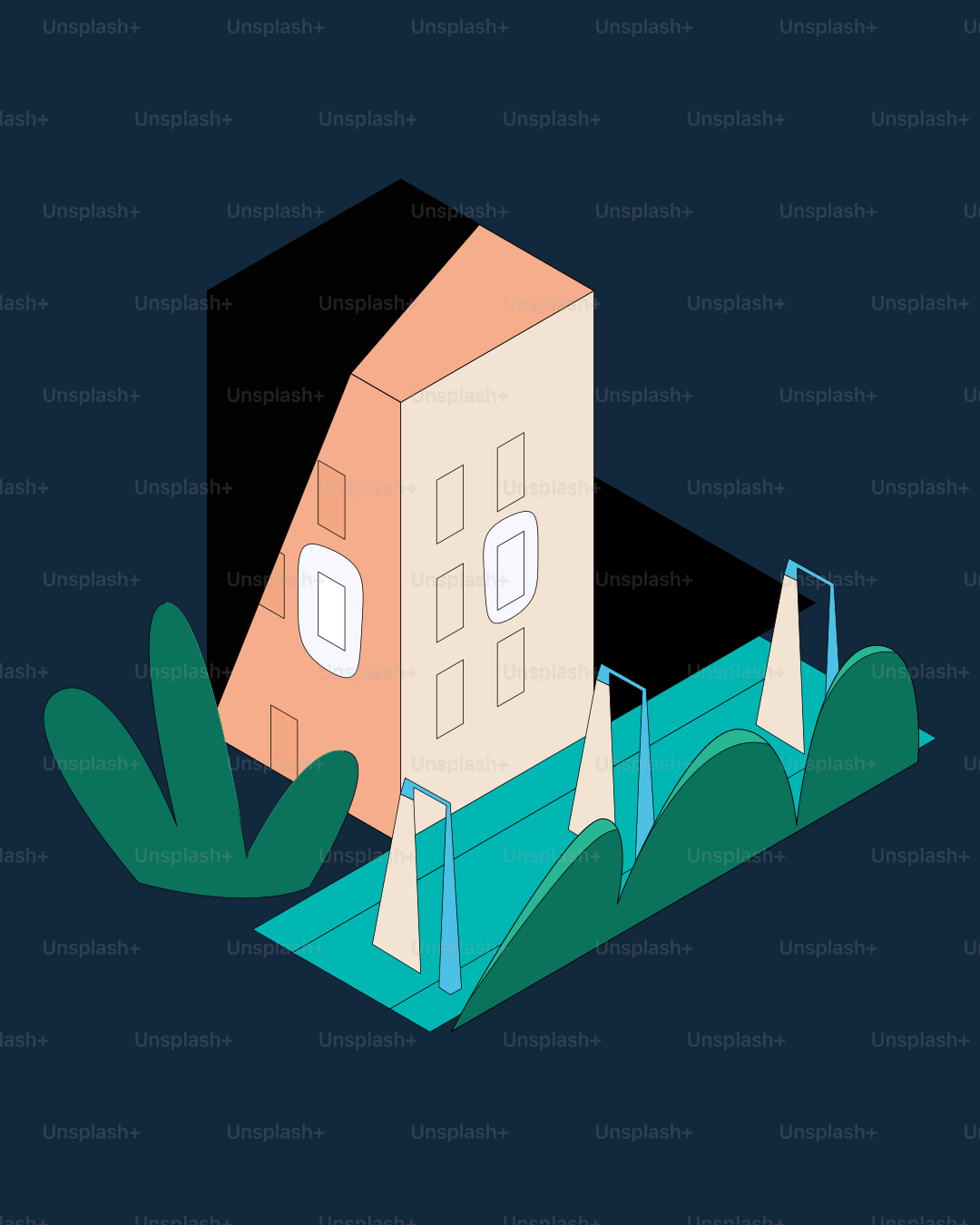 식물과 가로등이 있는 등각 투영 건물