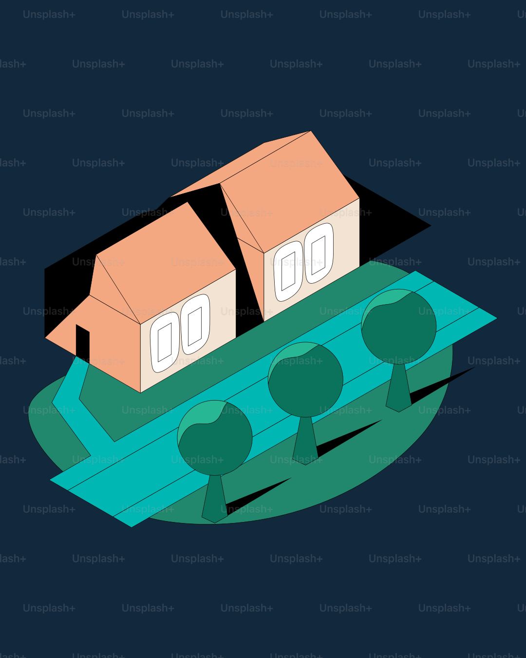 Isometric house with trees and road on dark background