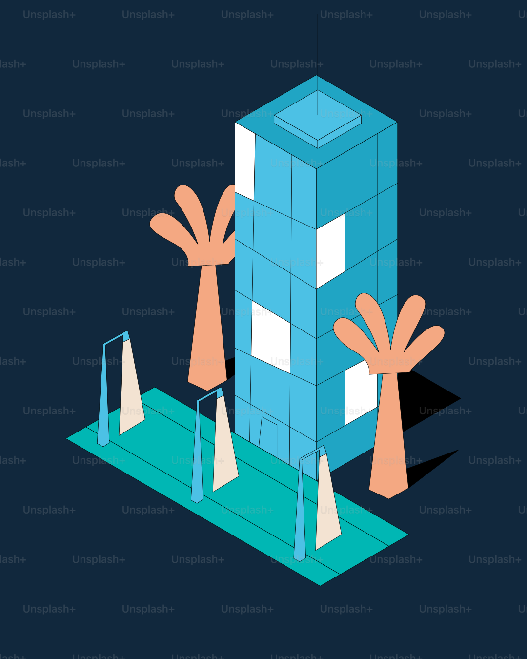 야자수와 가로등이 있는 현대적인 파란색 마천루