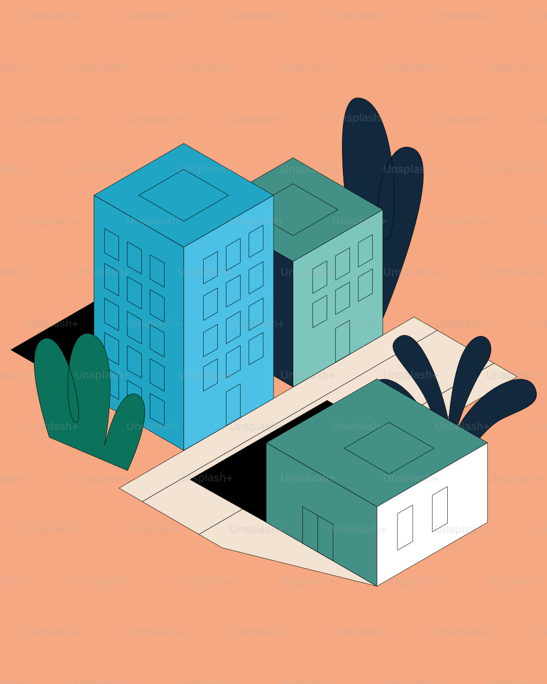 주황색 배경에 추상적인 식물이 있는 양식화된 건물들