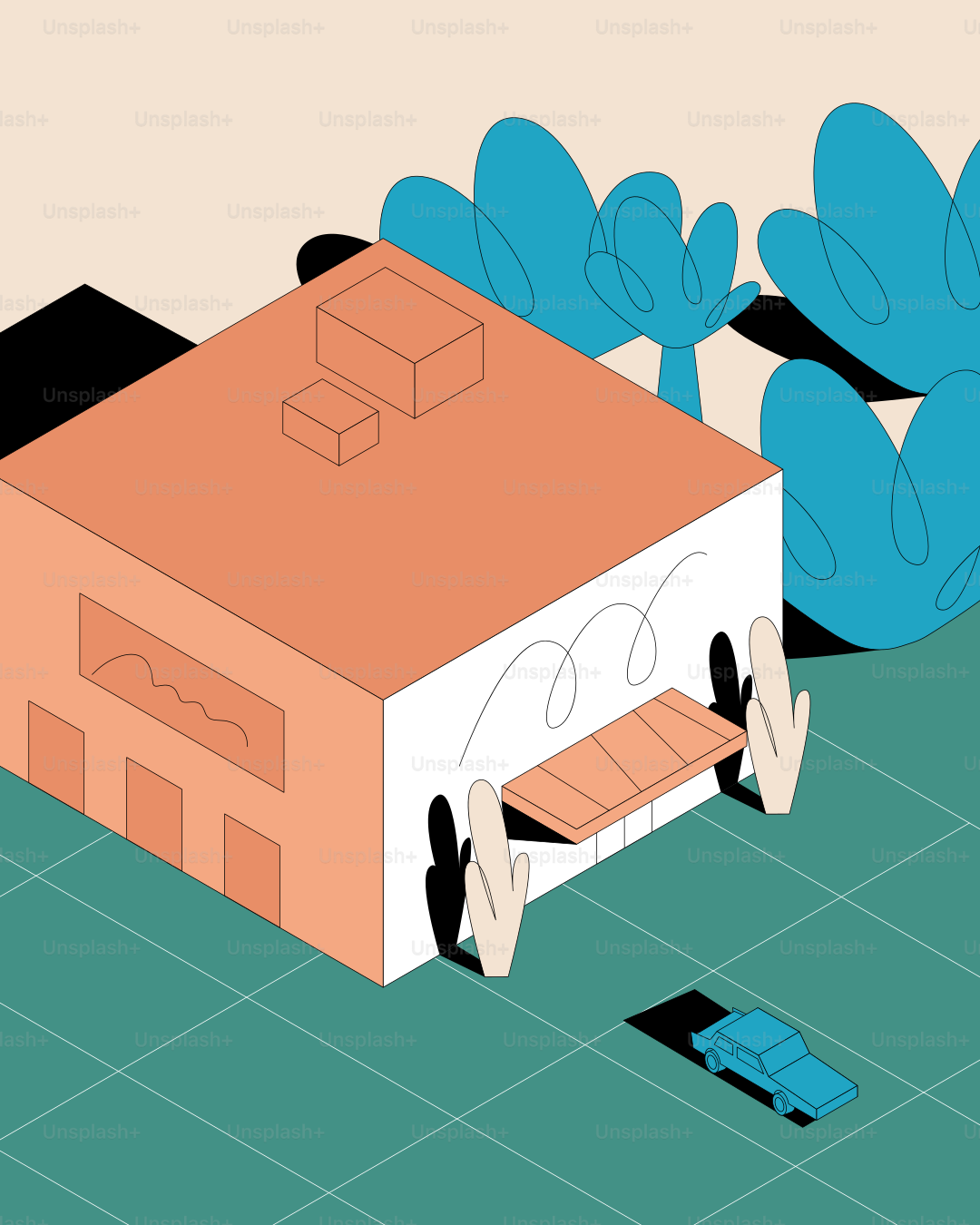 작은 자동차와 추상적인 나무들이 있는 건물