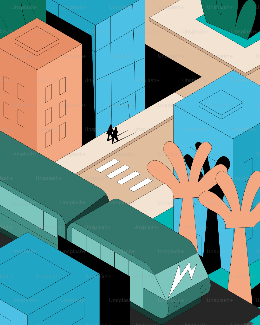 기차와 추상적인 손이 있는 스타일화된 도시 장면.