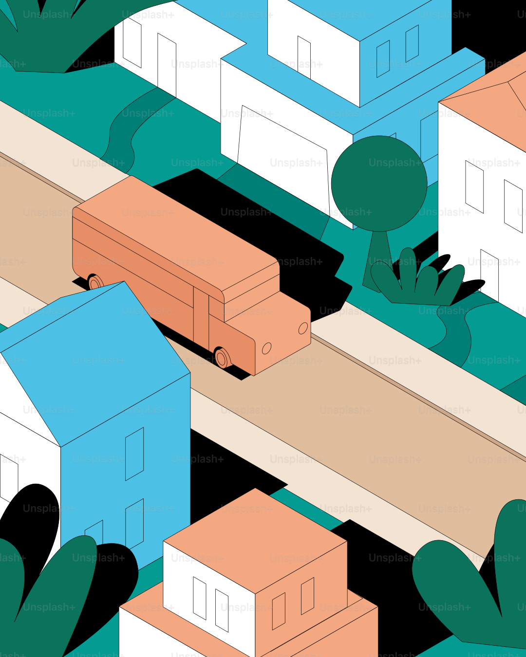 주황색 버스가 집들이 있는 거리를 달리고 있었다.