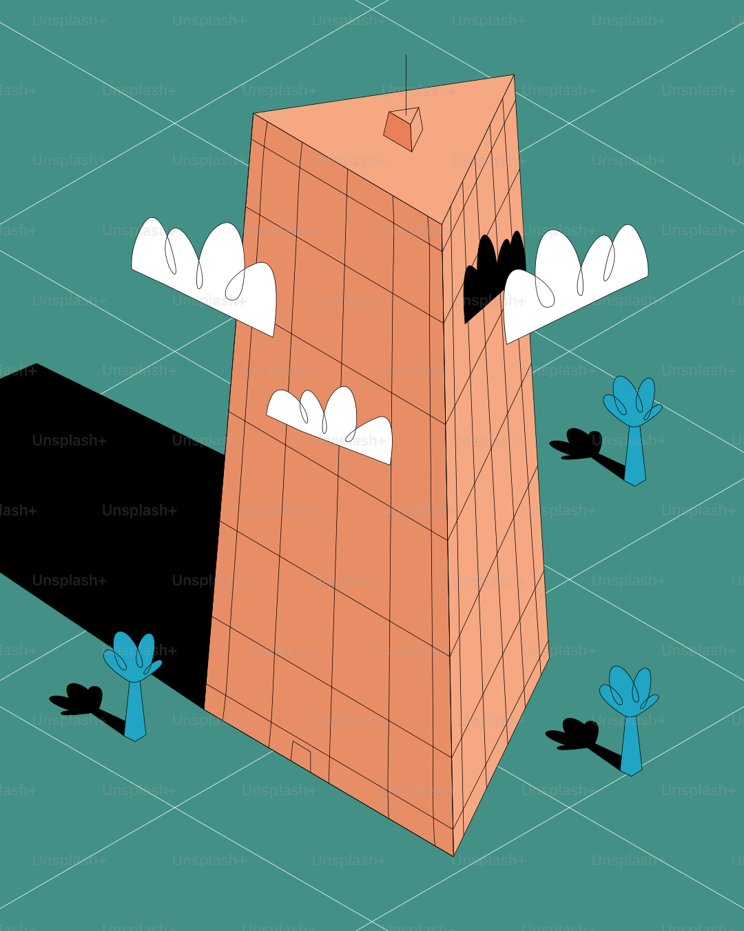 구름과 나무가 있는 주황색 삼각형 건물