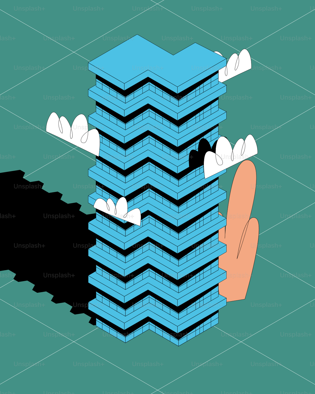 초록색 배경에 구름이 있는 추상적인 파란색 마천루