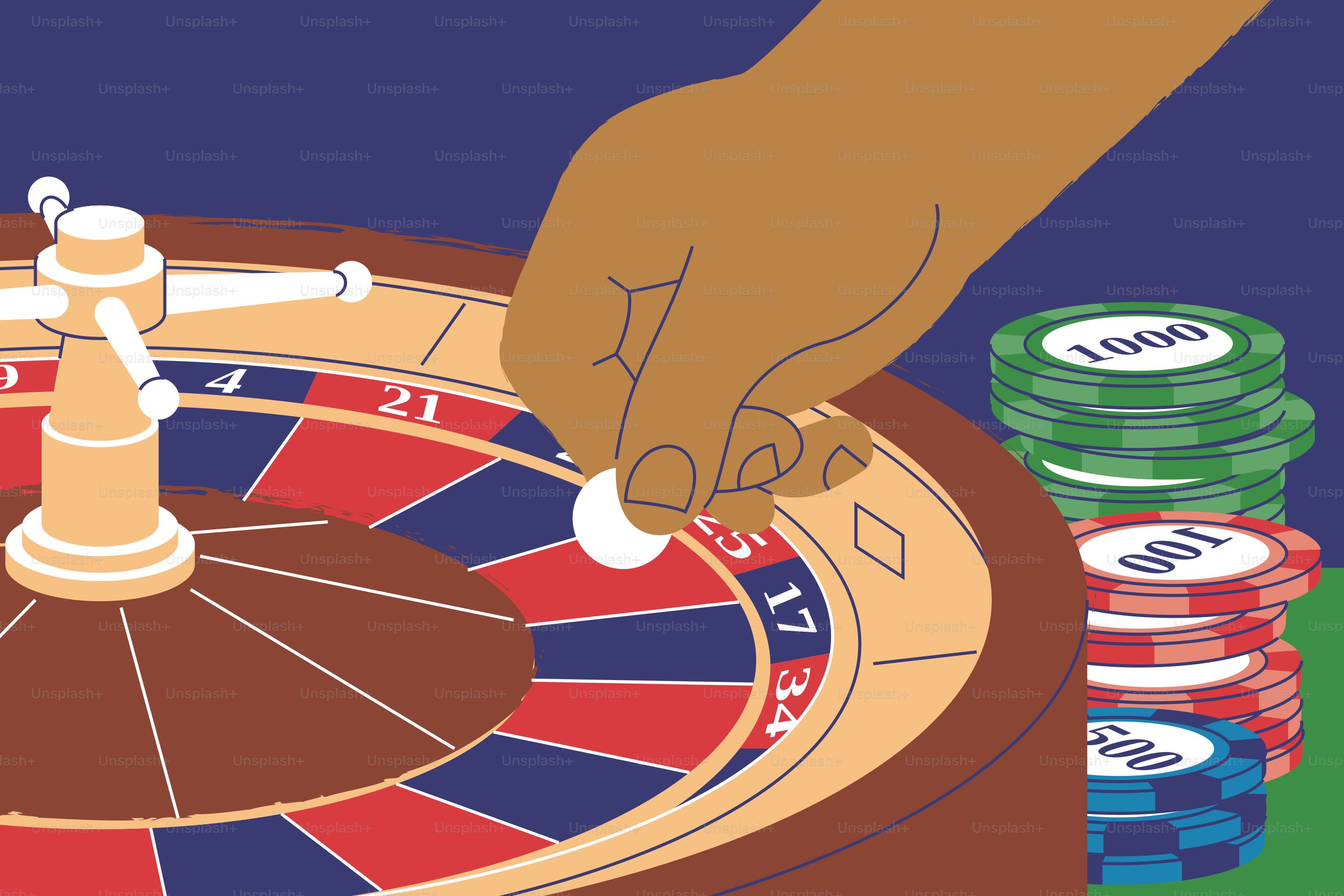 Hand placing a ball on a roulette wheel.