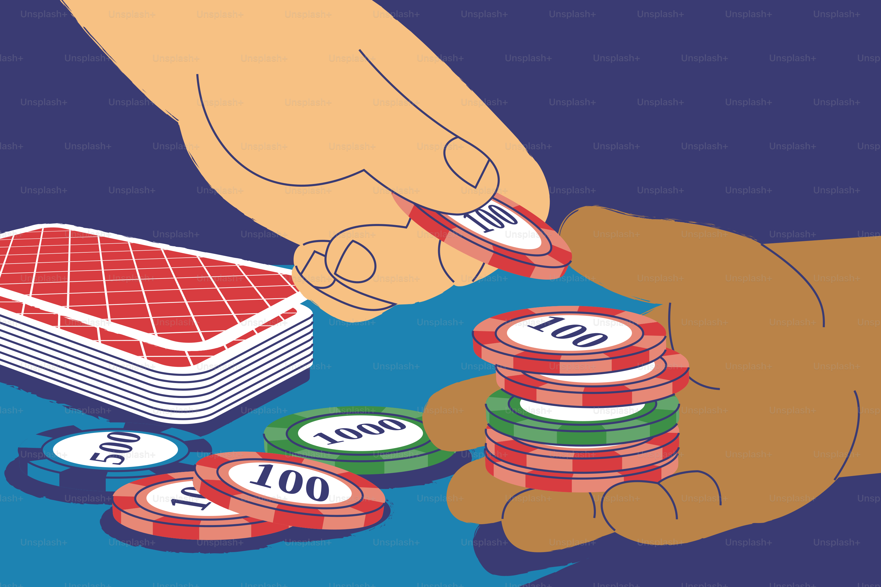 Hands exchanging poker chips with cards on table