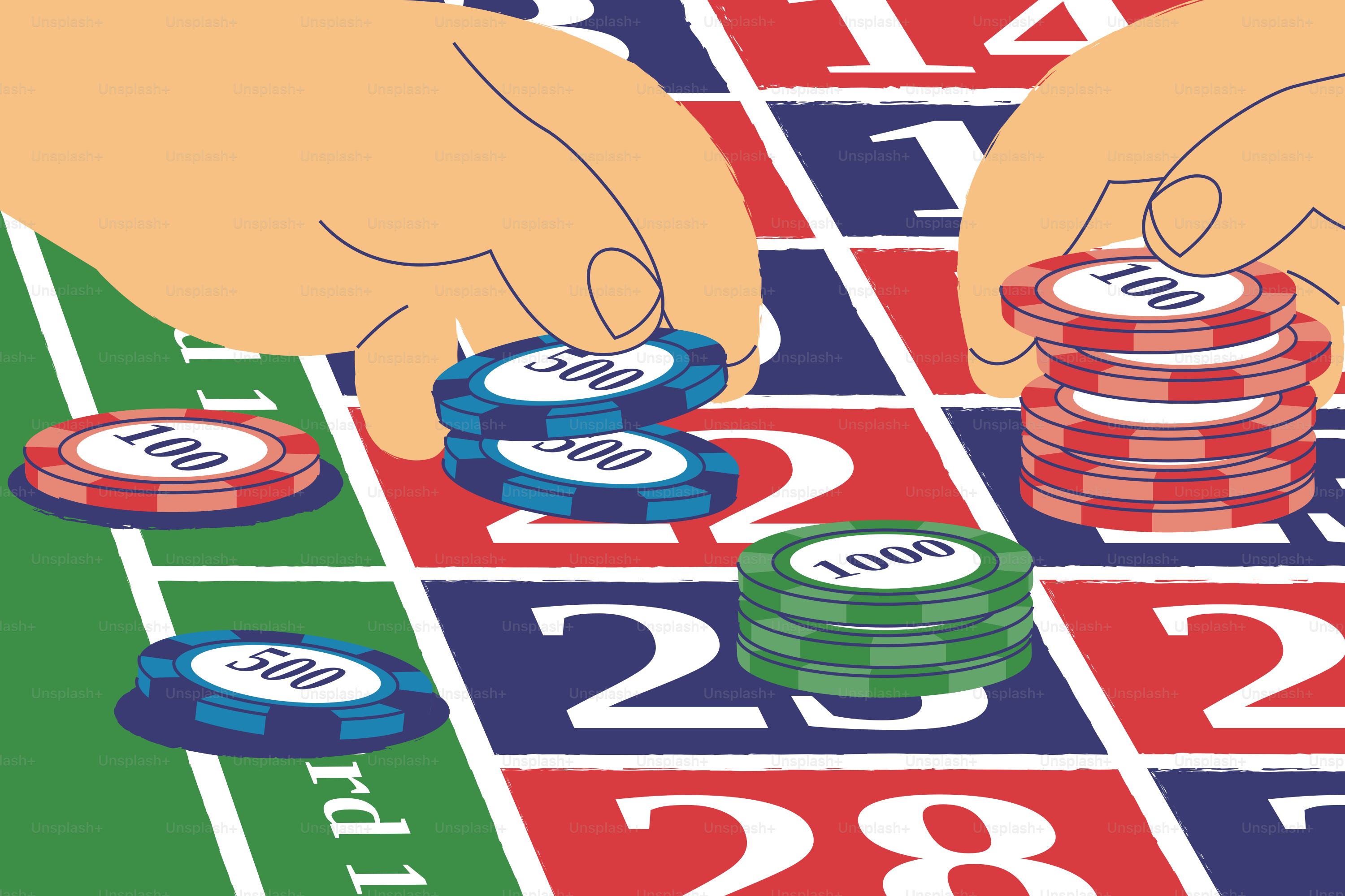 Hands placing chips on roulette table