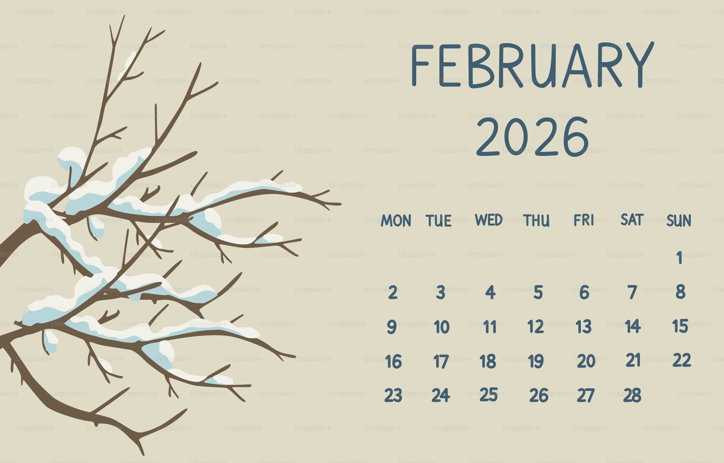 February 2026 calendar with snowy branches