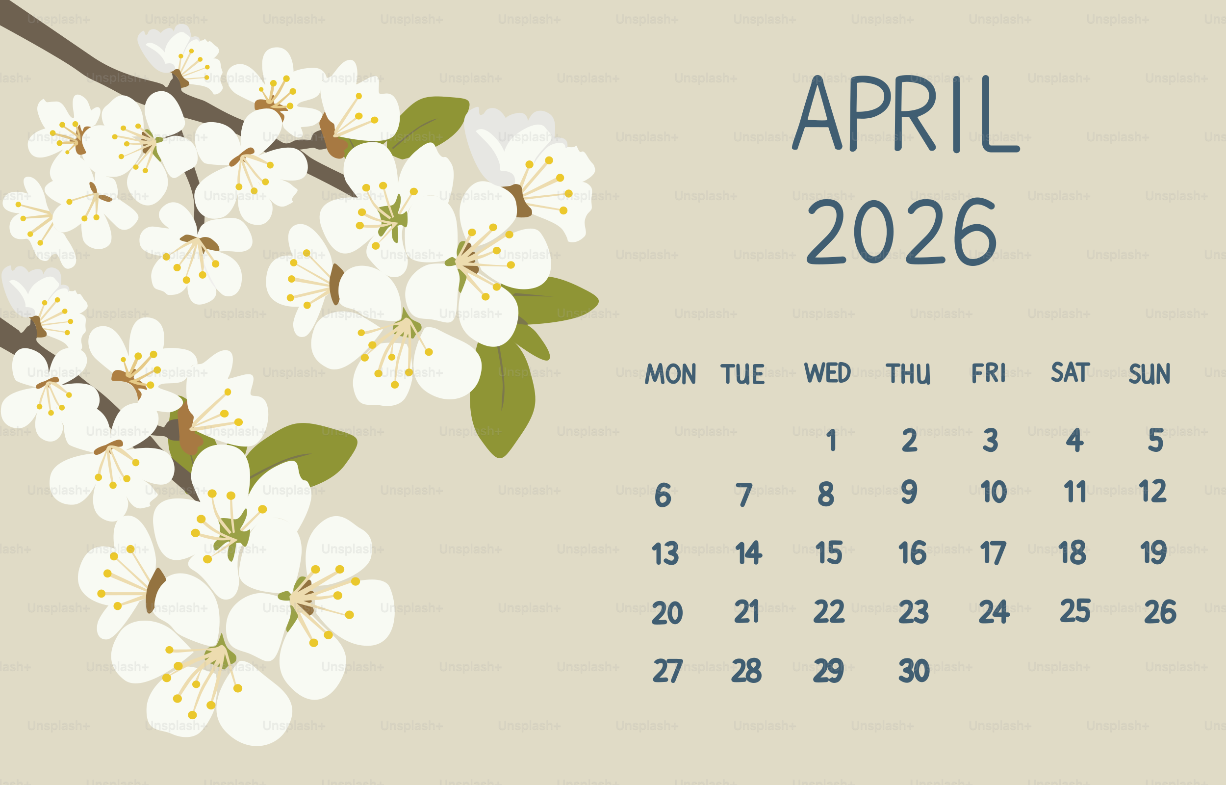 April 2026 calendar with blooming cherry blossoms