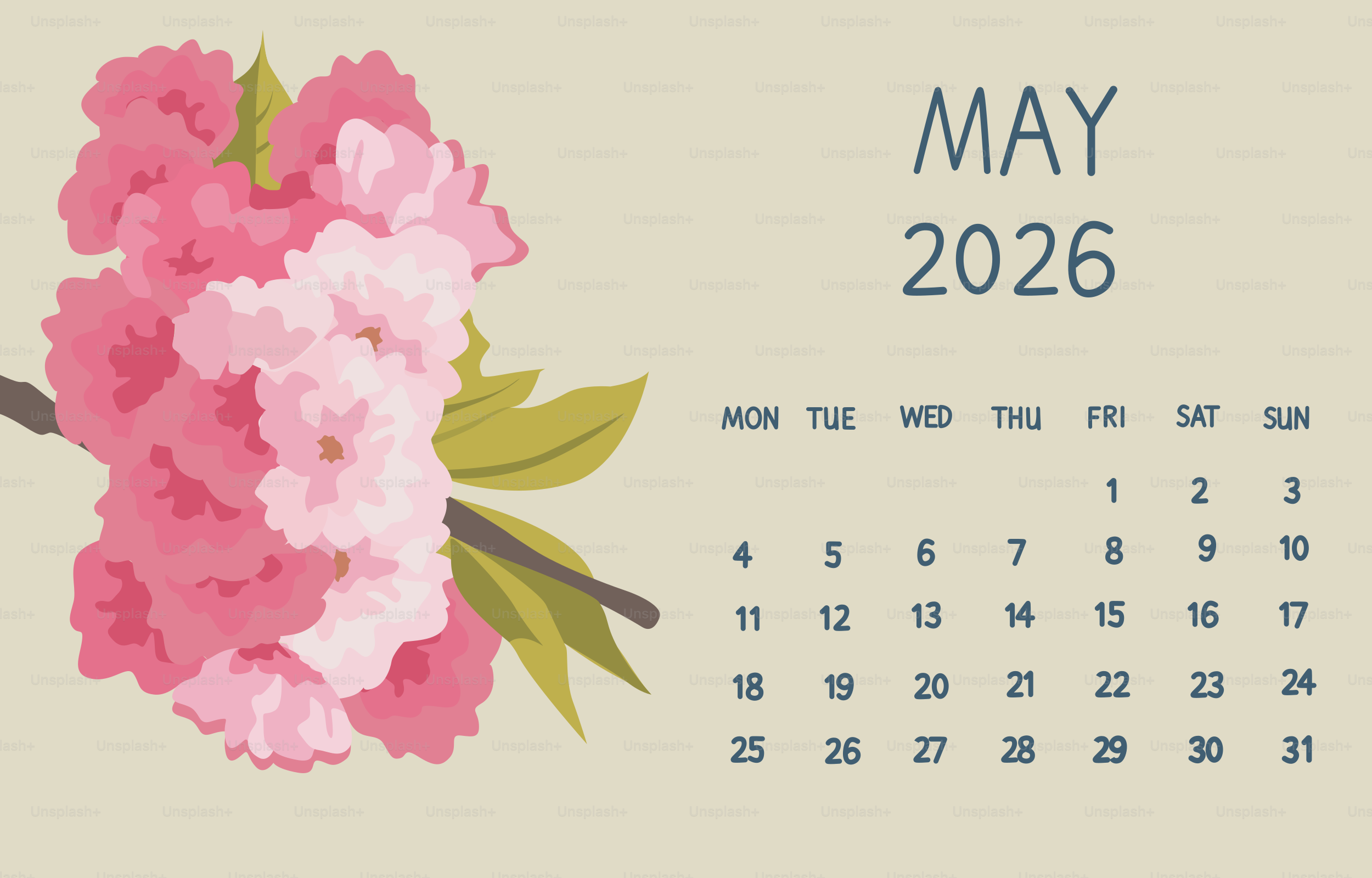 Pink cherry blossoms with may 2026 calendar vector – Spring Image on ...