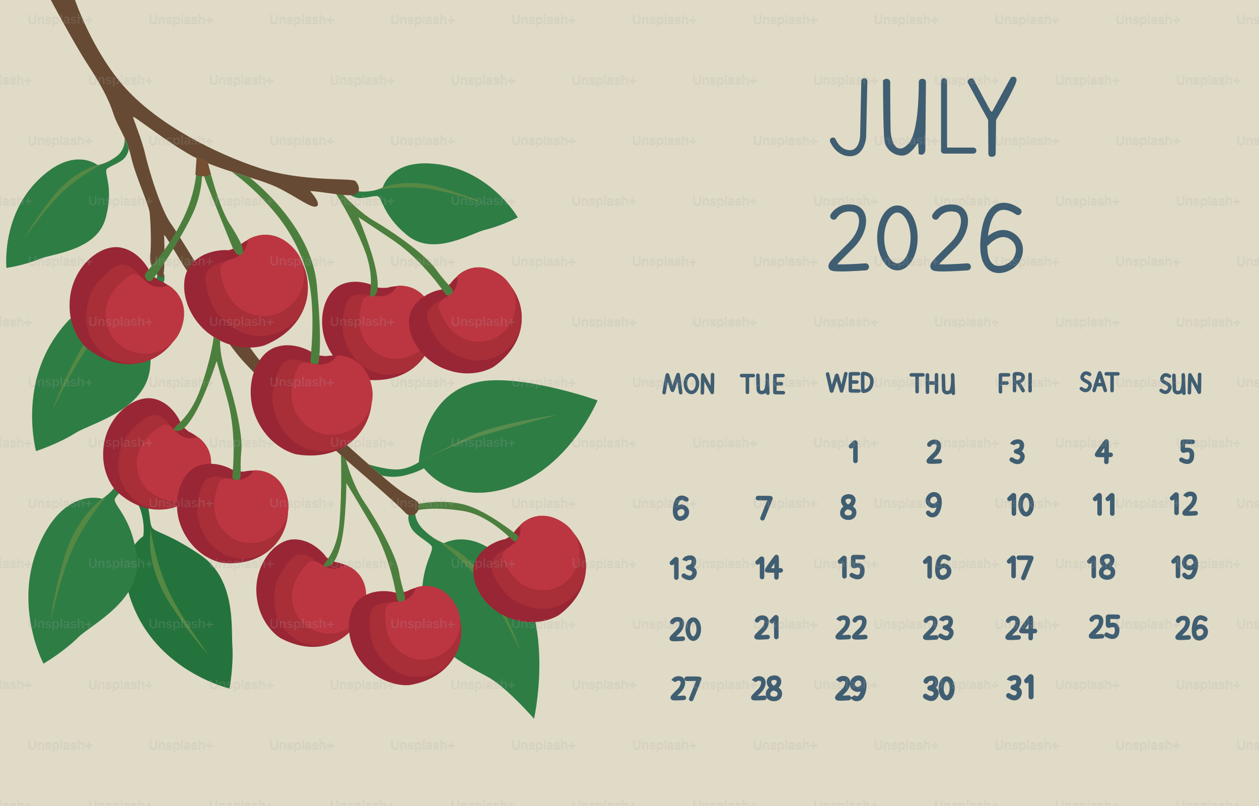 July 2026 calendar with cherry branch