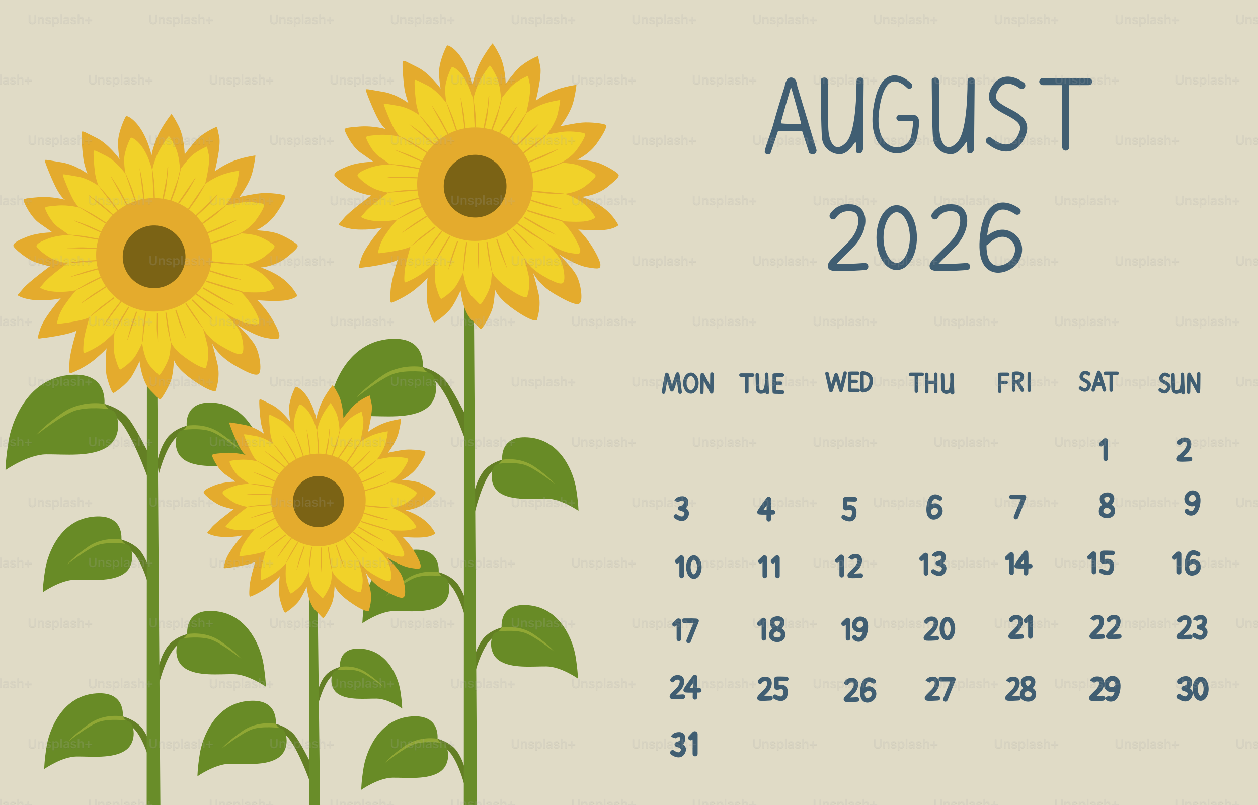 2026年8月カレンダー ひまわり付き