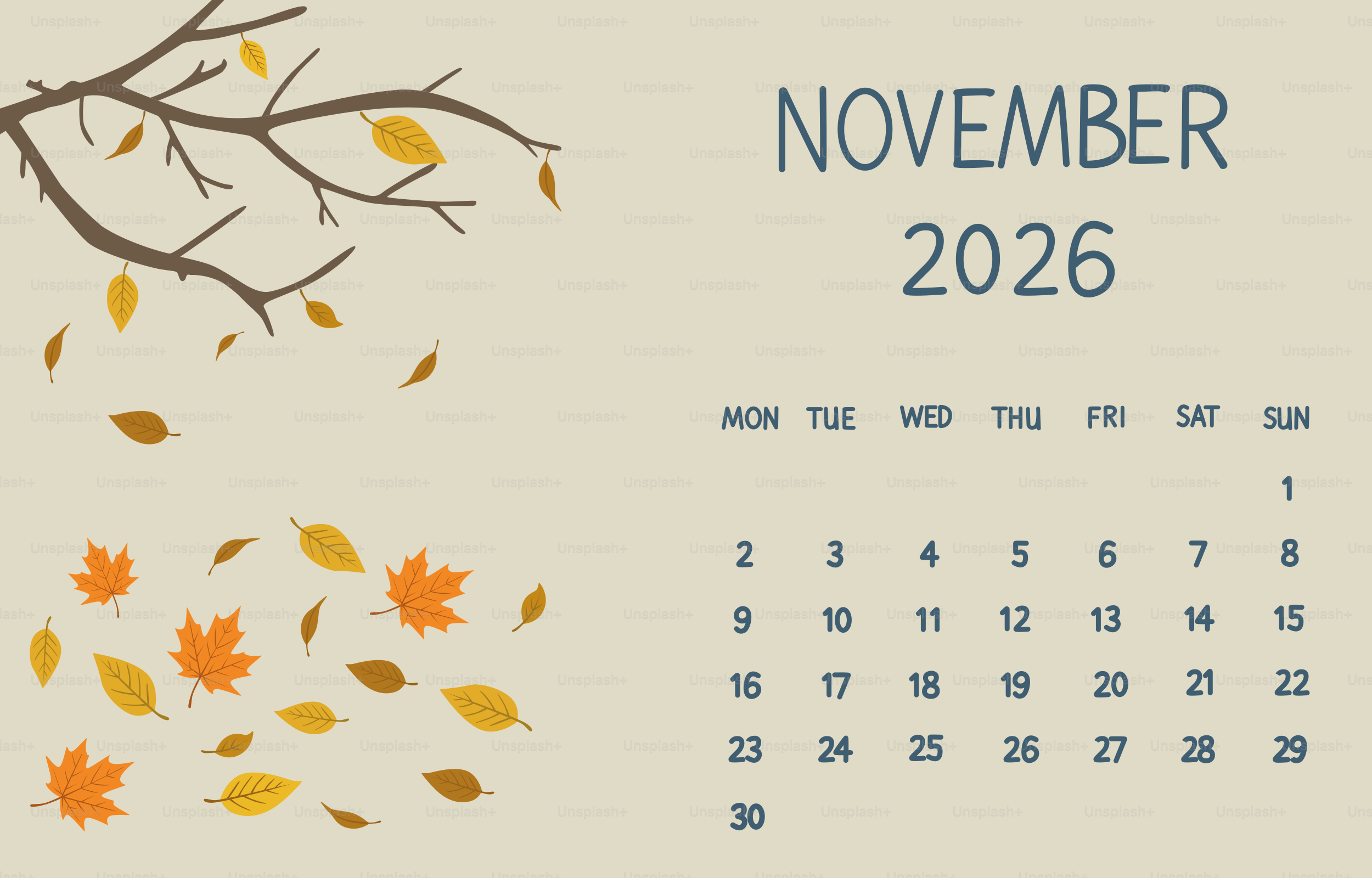 Calendario Novembre 2026 Con Le Foglie Autunnali Che Cadono Vettoriale 