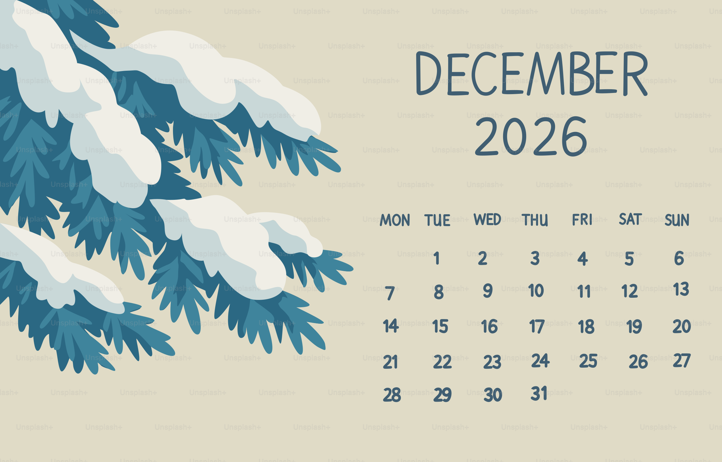 Vektor Kalender Desember 2026 dengan cabang pinus bersalju. – Gambar ...