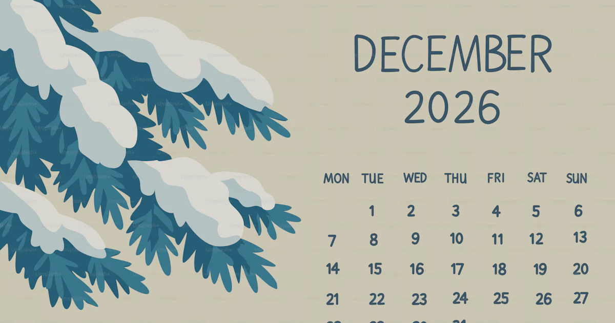 Desember Vector Vektor Kalender Desember 2026 dengan cabang pinus bersalju. – Gambar ...