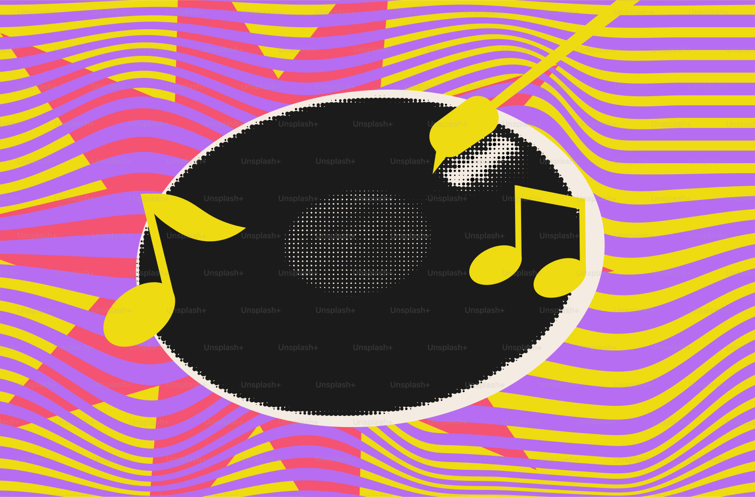 A vinyl record with musical notes on psychedelic background vector ...