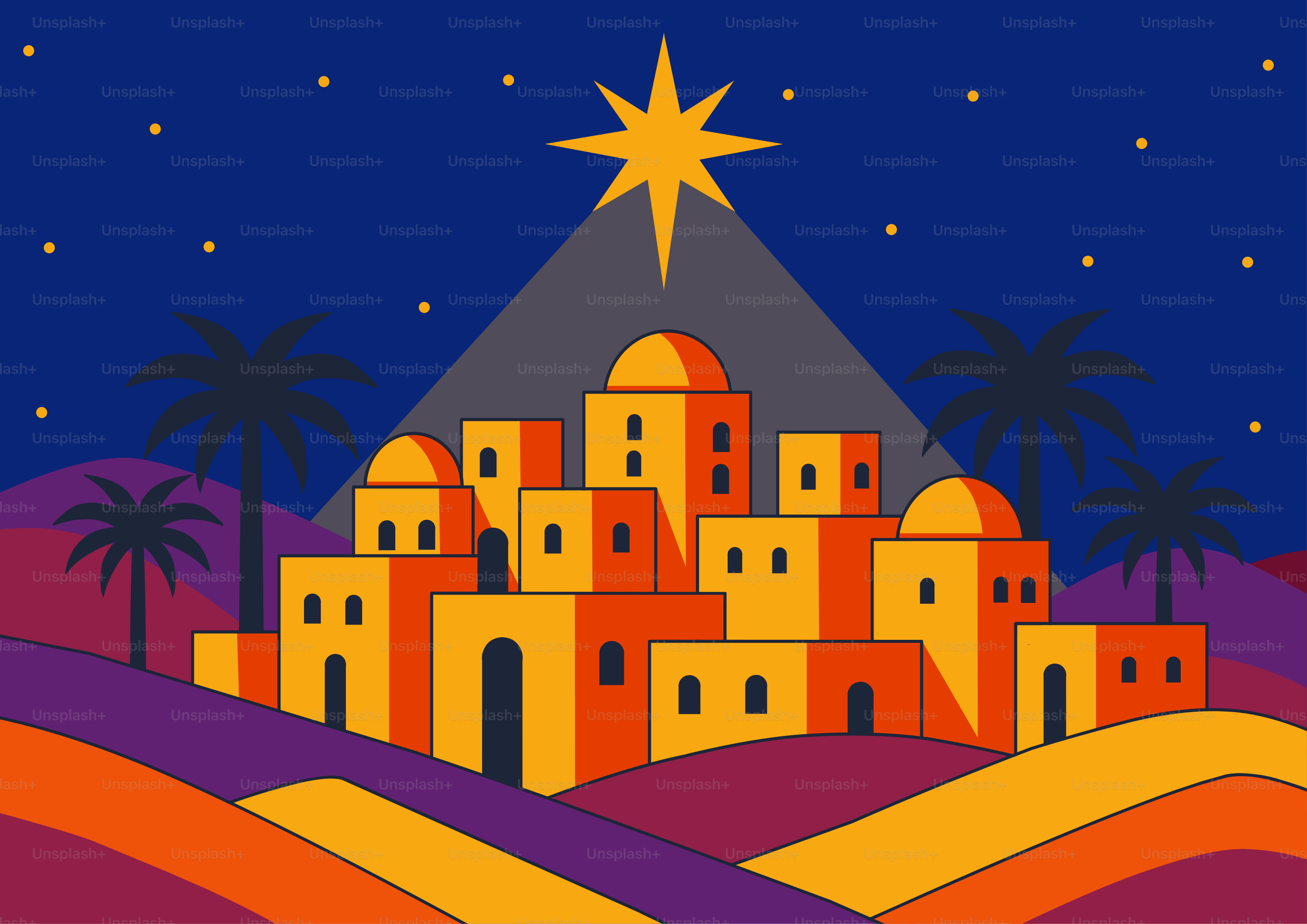 Nativity scene with a star over desert village.