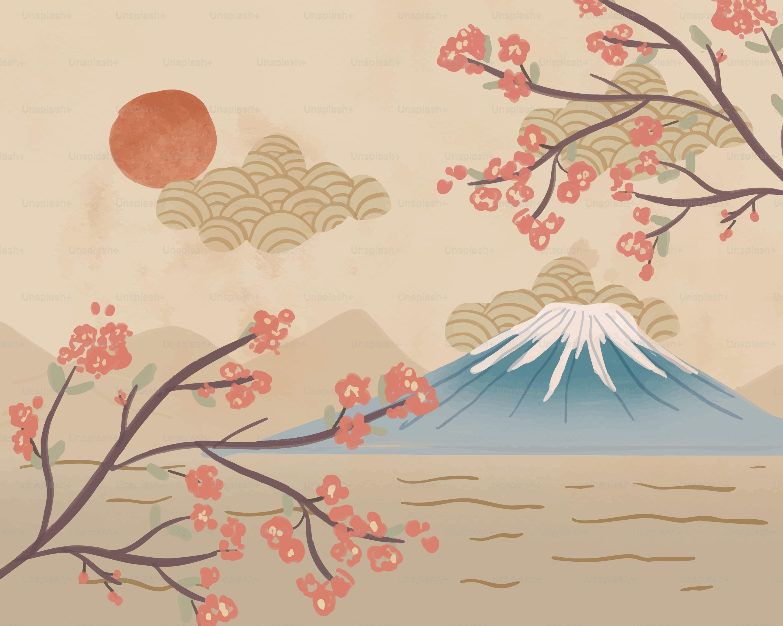Mount fuji with cherry blossoms and sun