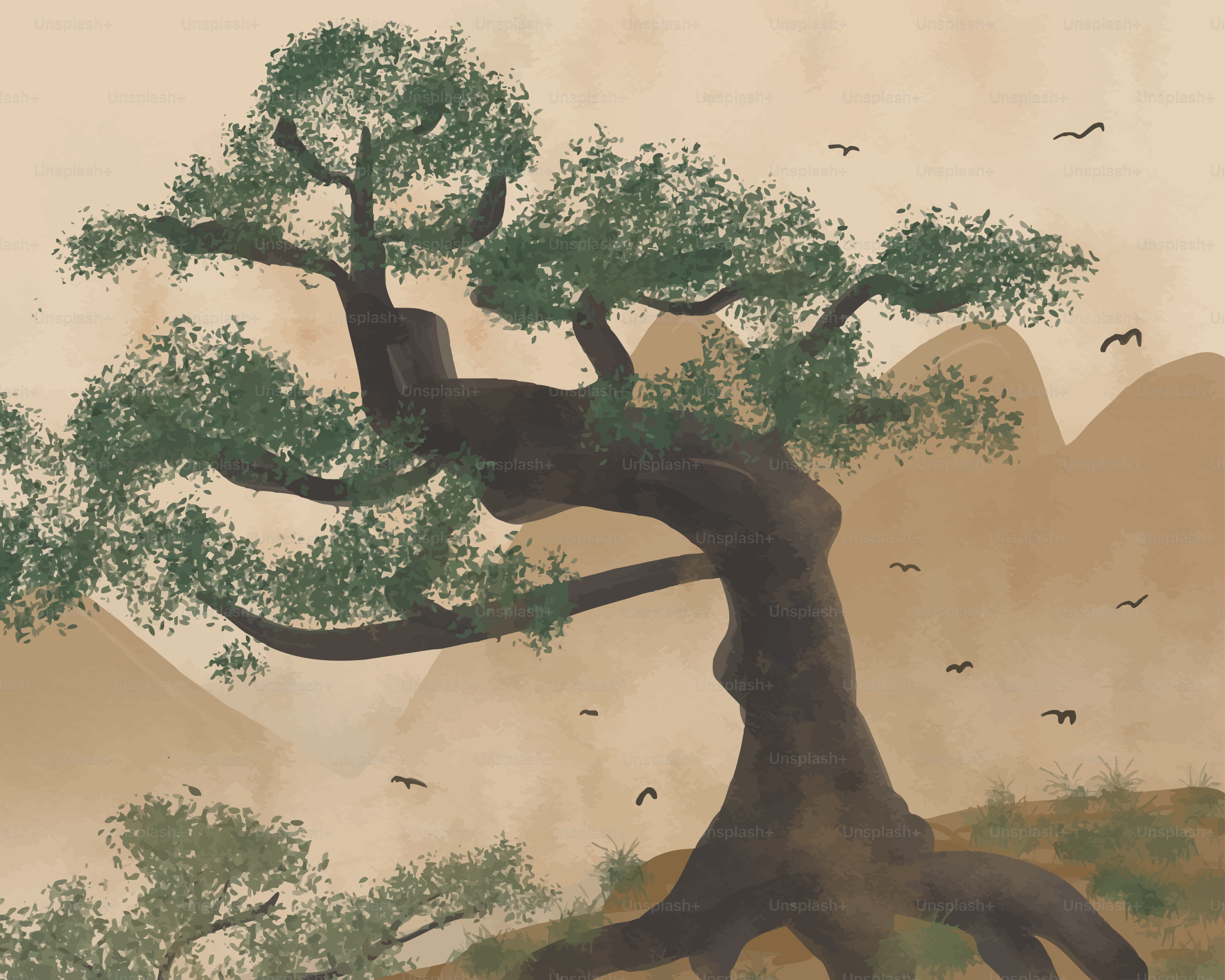 A solitary, ancient tree with birds flying around