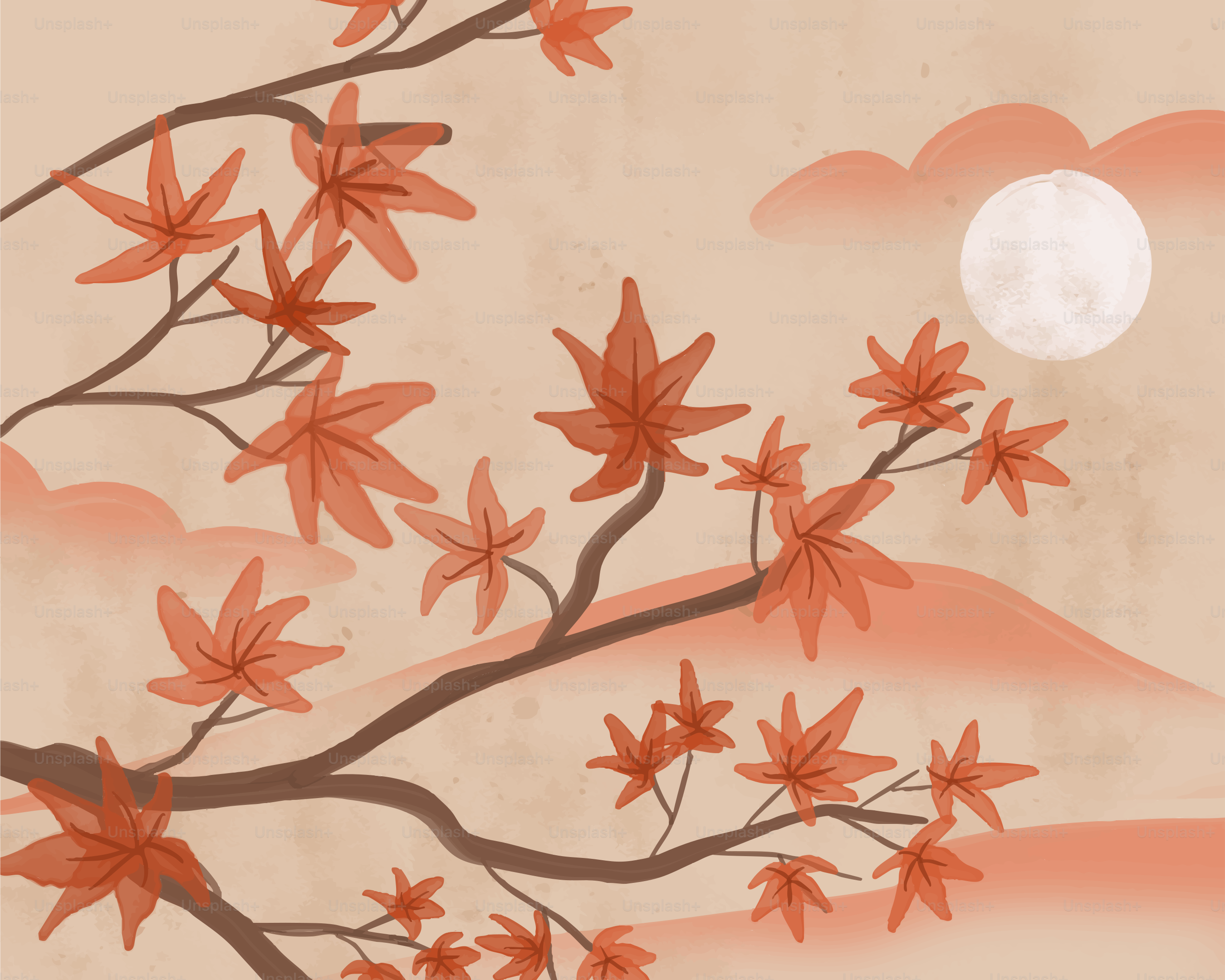 Autumn leaves on branches with a full moon.