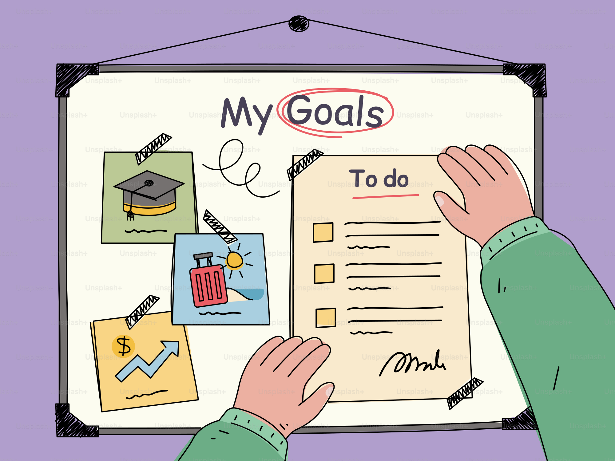 Person fügt Ziele und To-do-Liste ins Whiteboard hinzu.