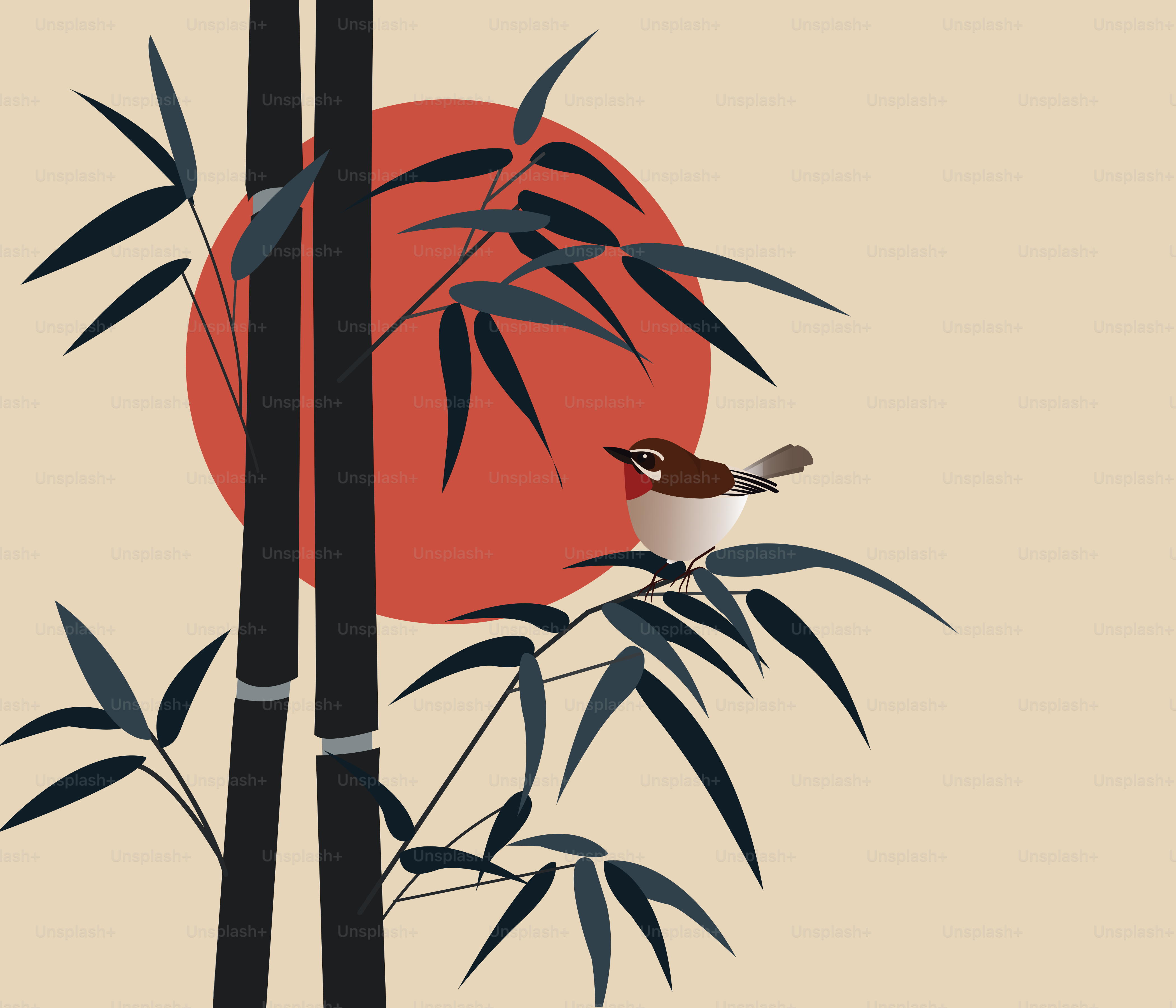 A small bird perches on bamboo with a red sun.