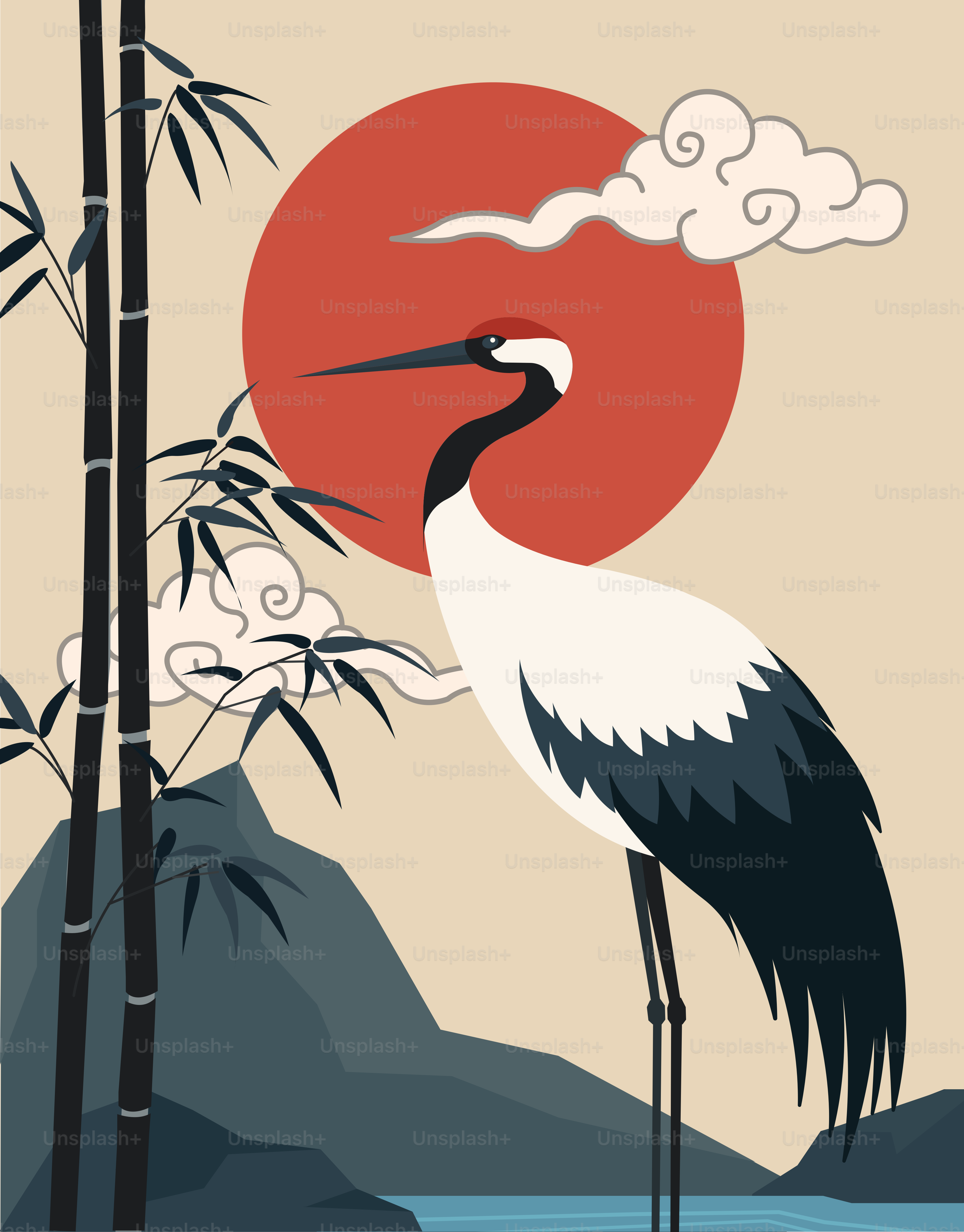 A crane stands by bamboo with a red sun.