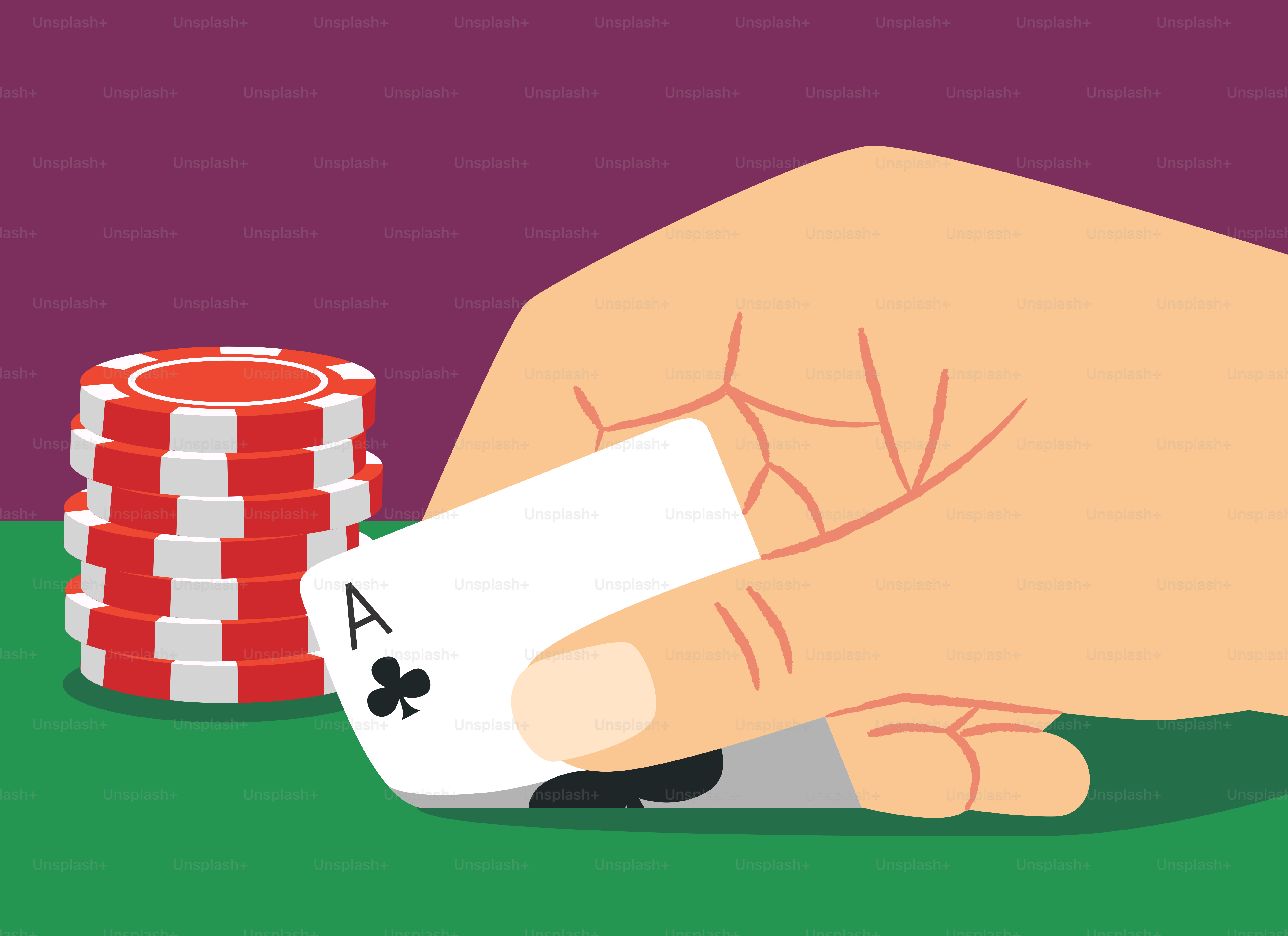Hand holding ace of clubs card with poker chips