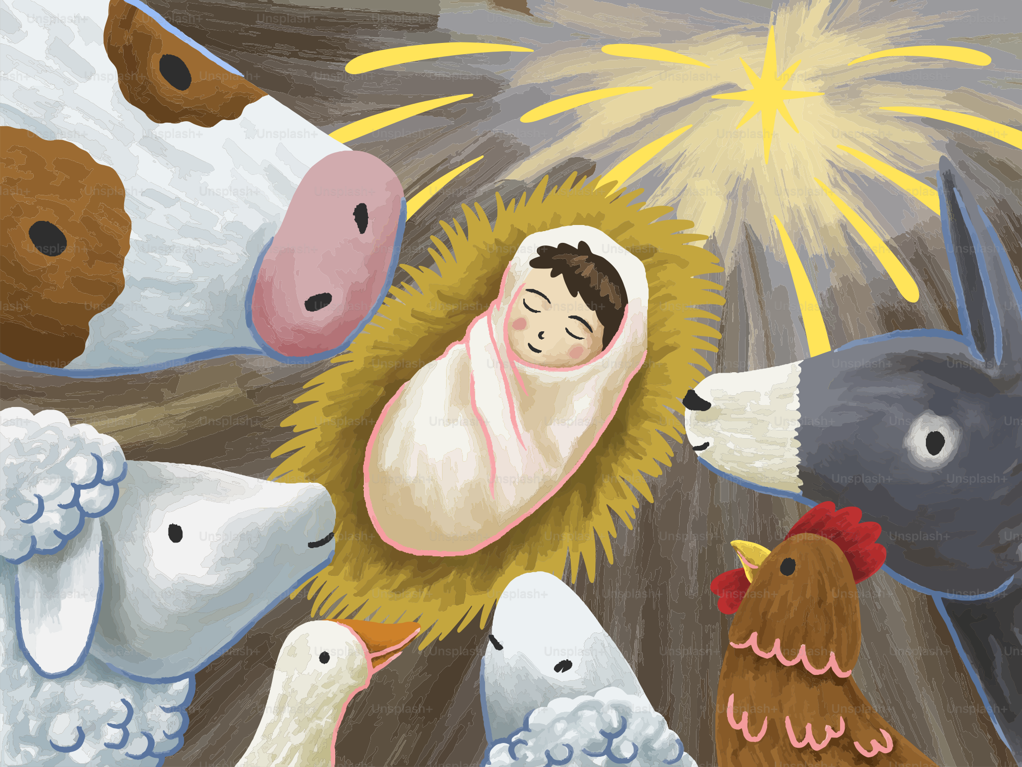 Baby jesus in manger surrounded by farm animals