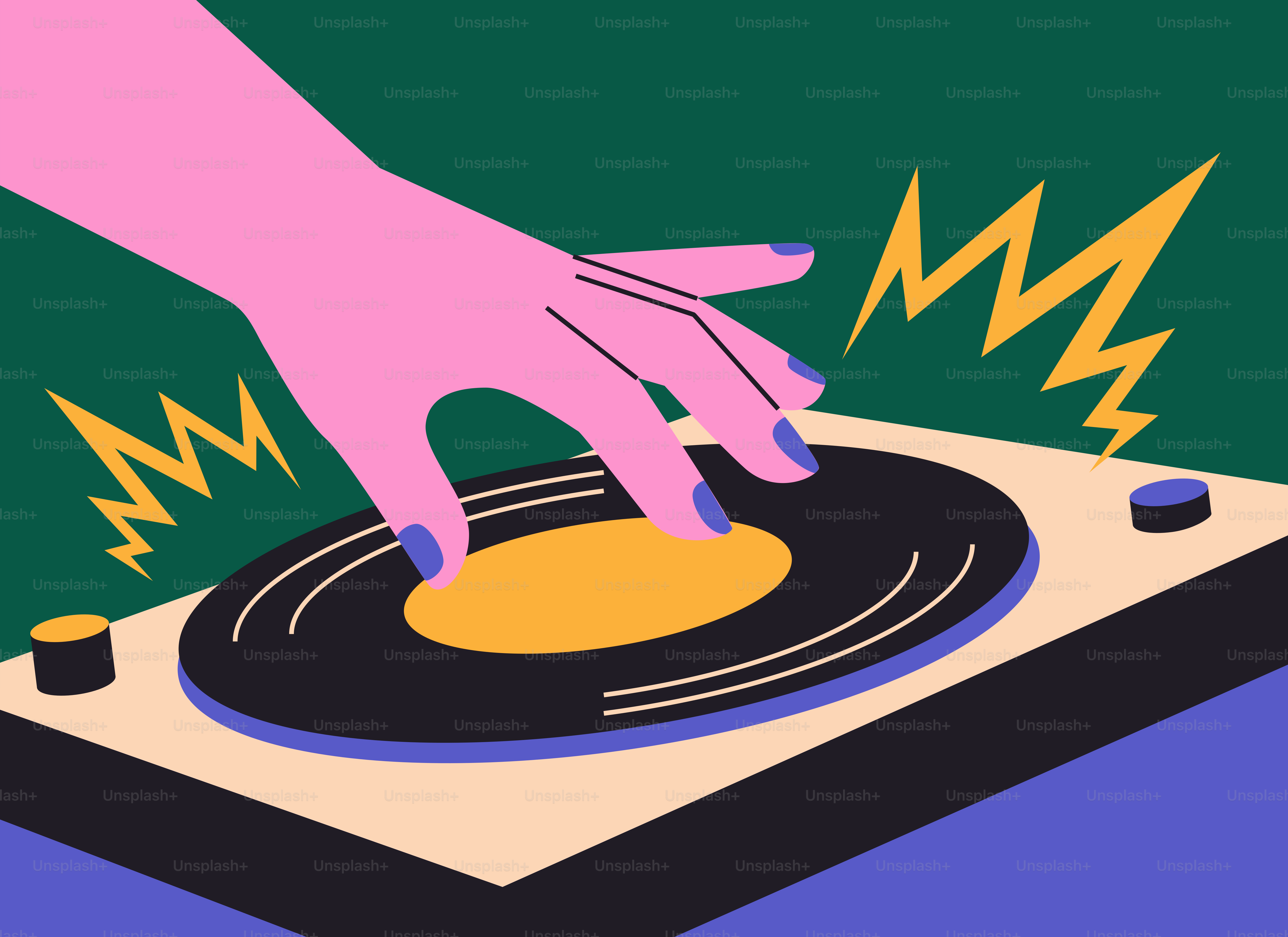 Hand on a record player with yellow sound waves