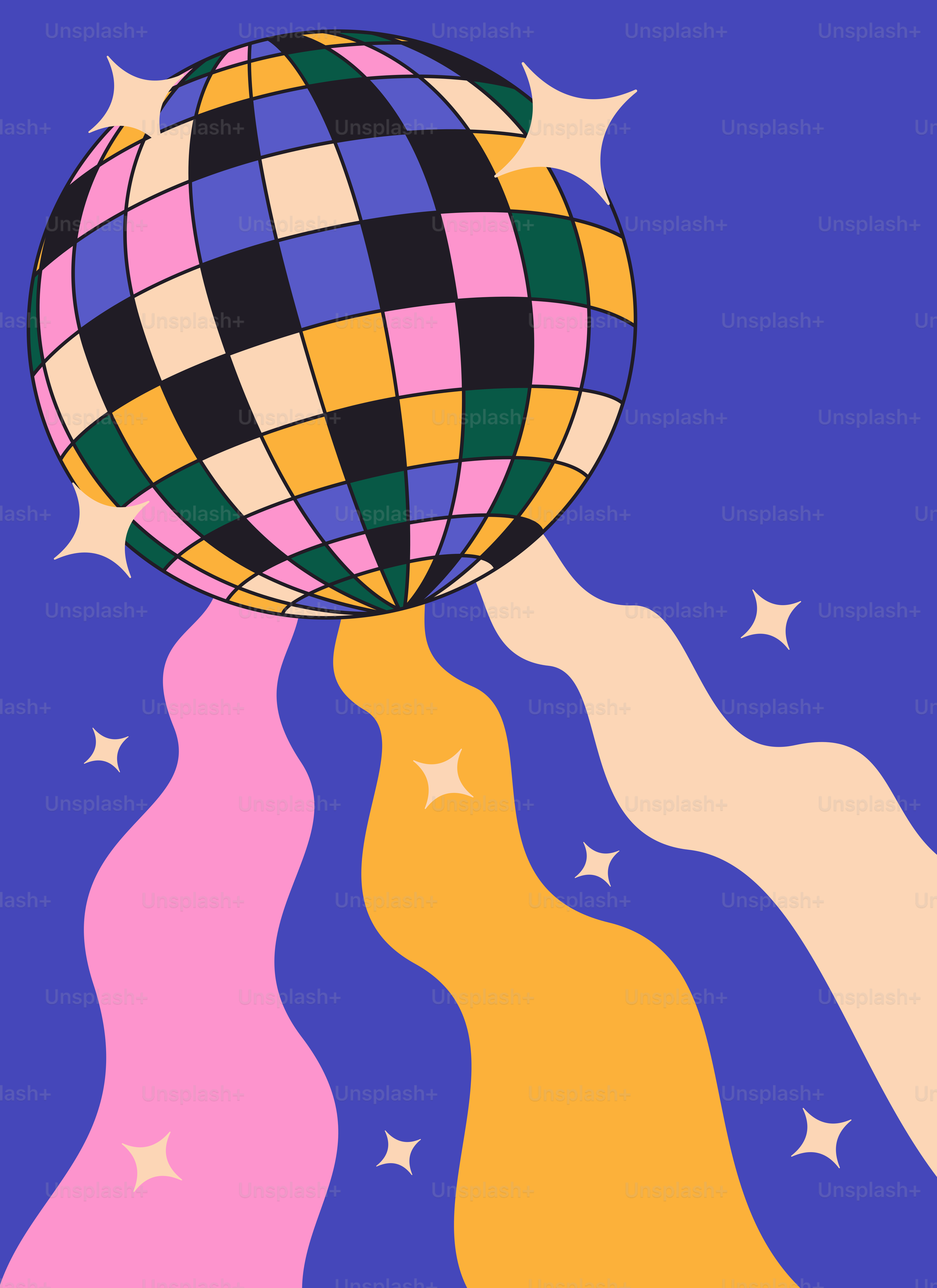 Disco ball with colorful wavy streams and stars.