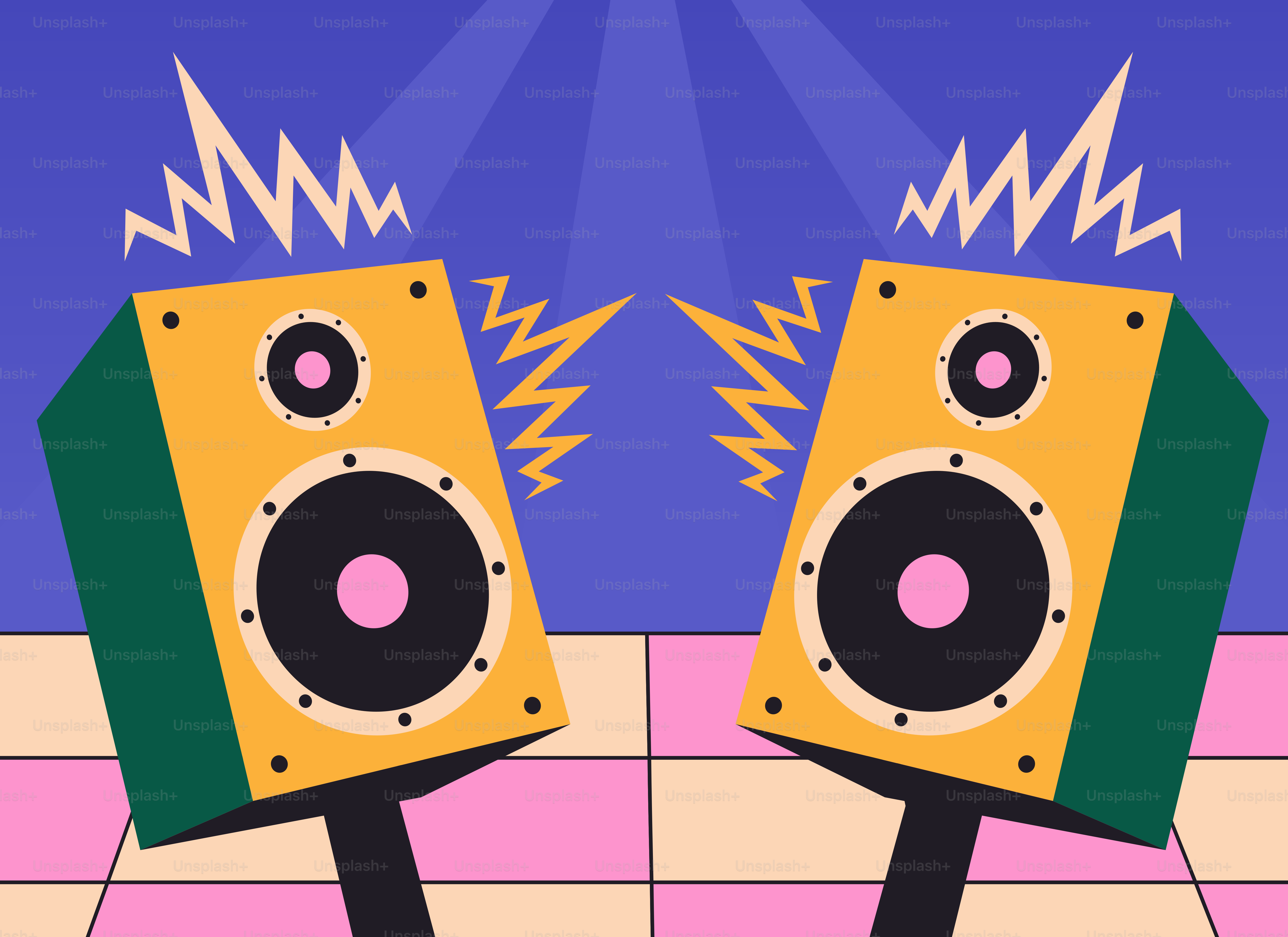 Two retro speakers blasting music with sound waves.