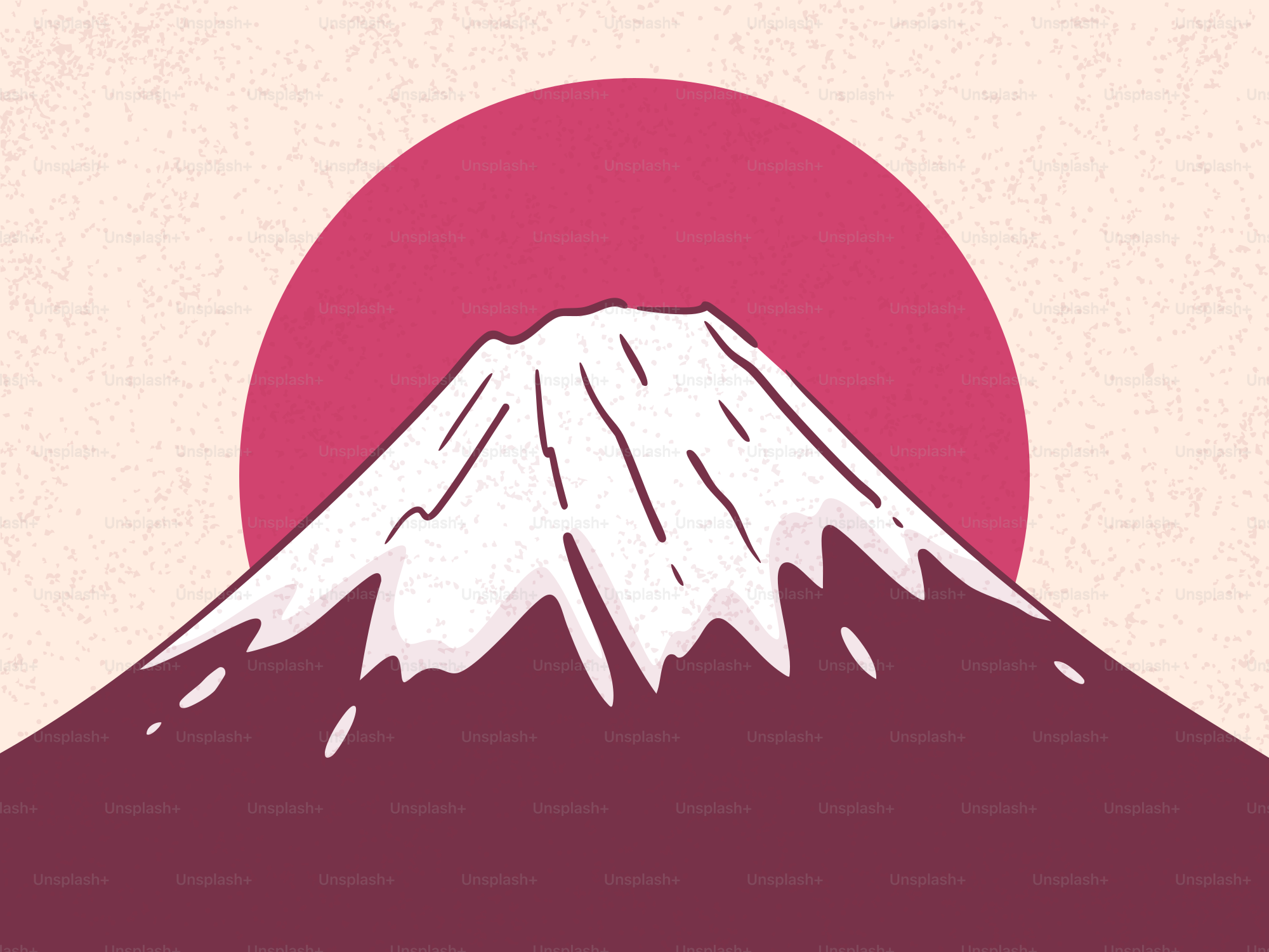 Mount fuji with a large red sun behind.