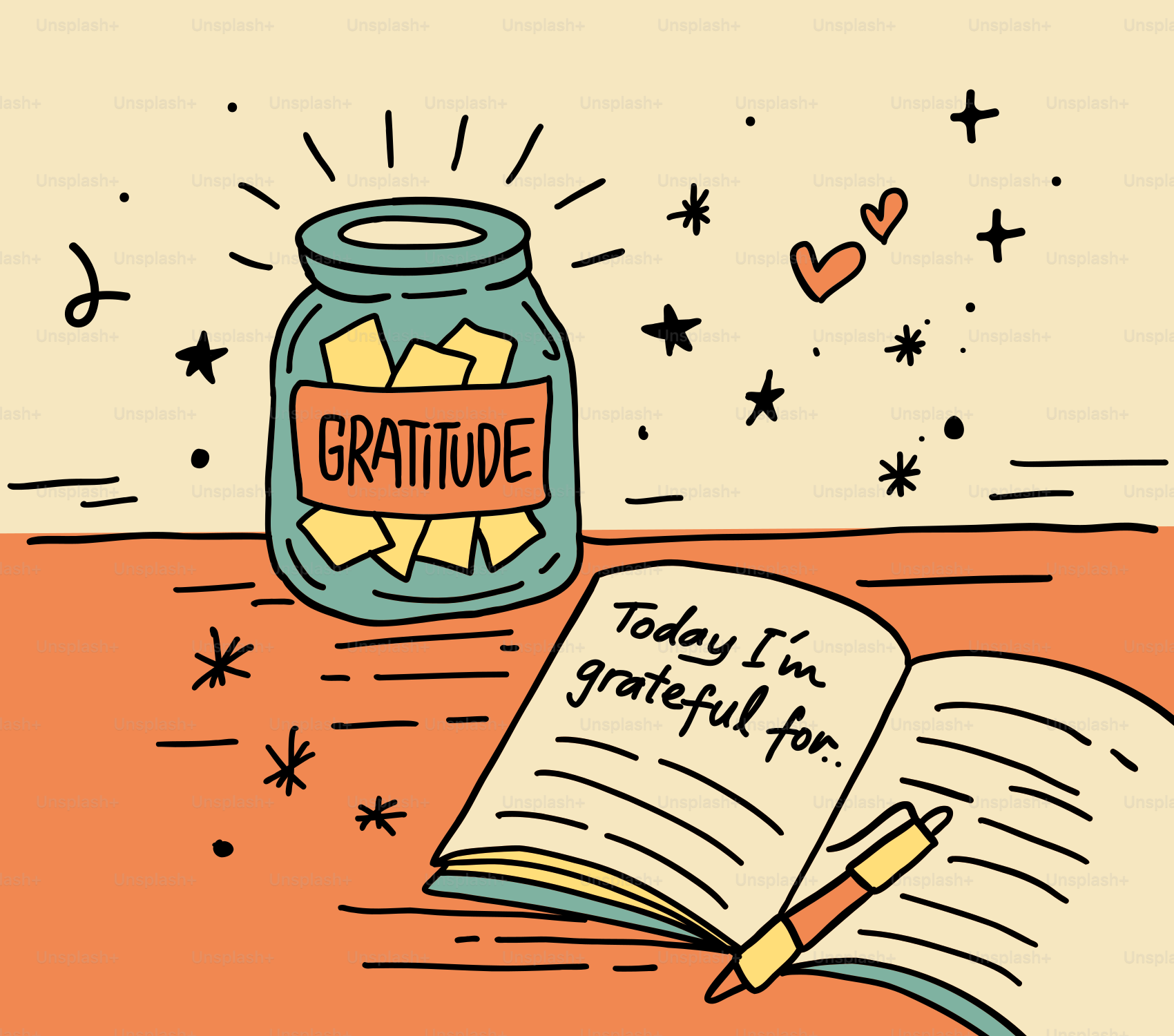 Tarro de gratitud y diario con bolígrafo sobre la mesa.