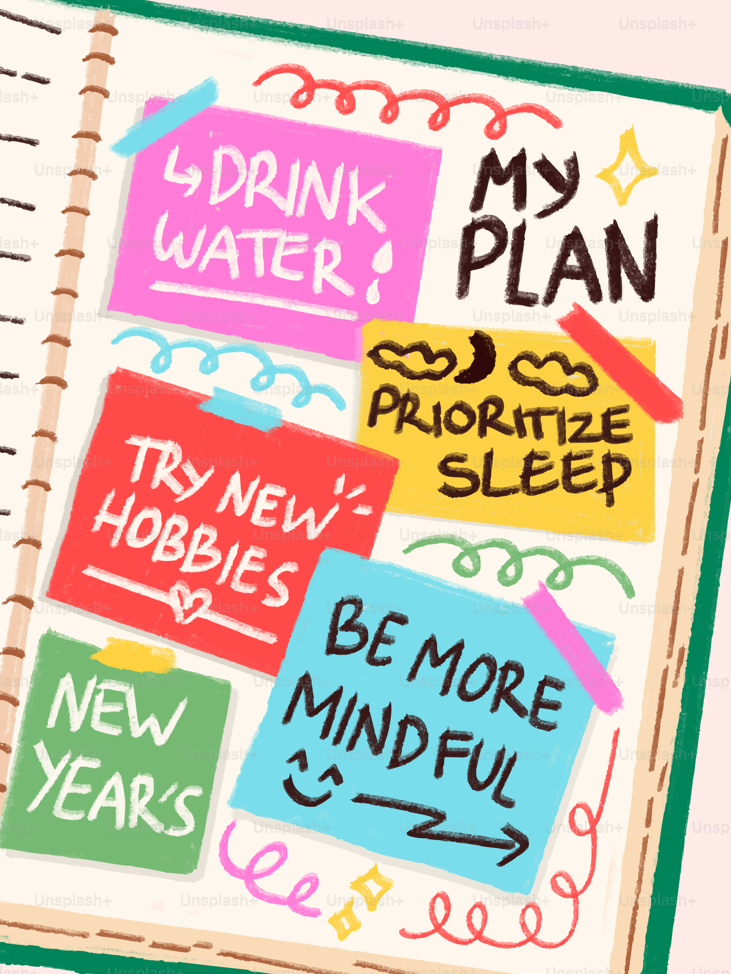 Cuaderno con notas autocolantes coloridas detallando objetivos personales.