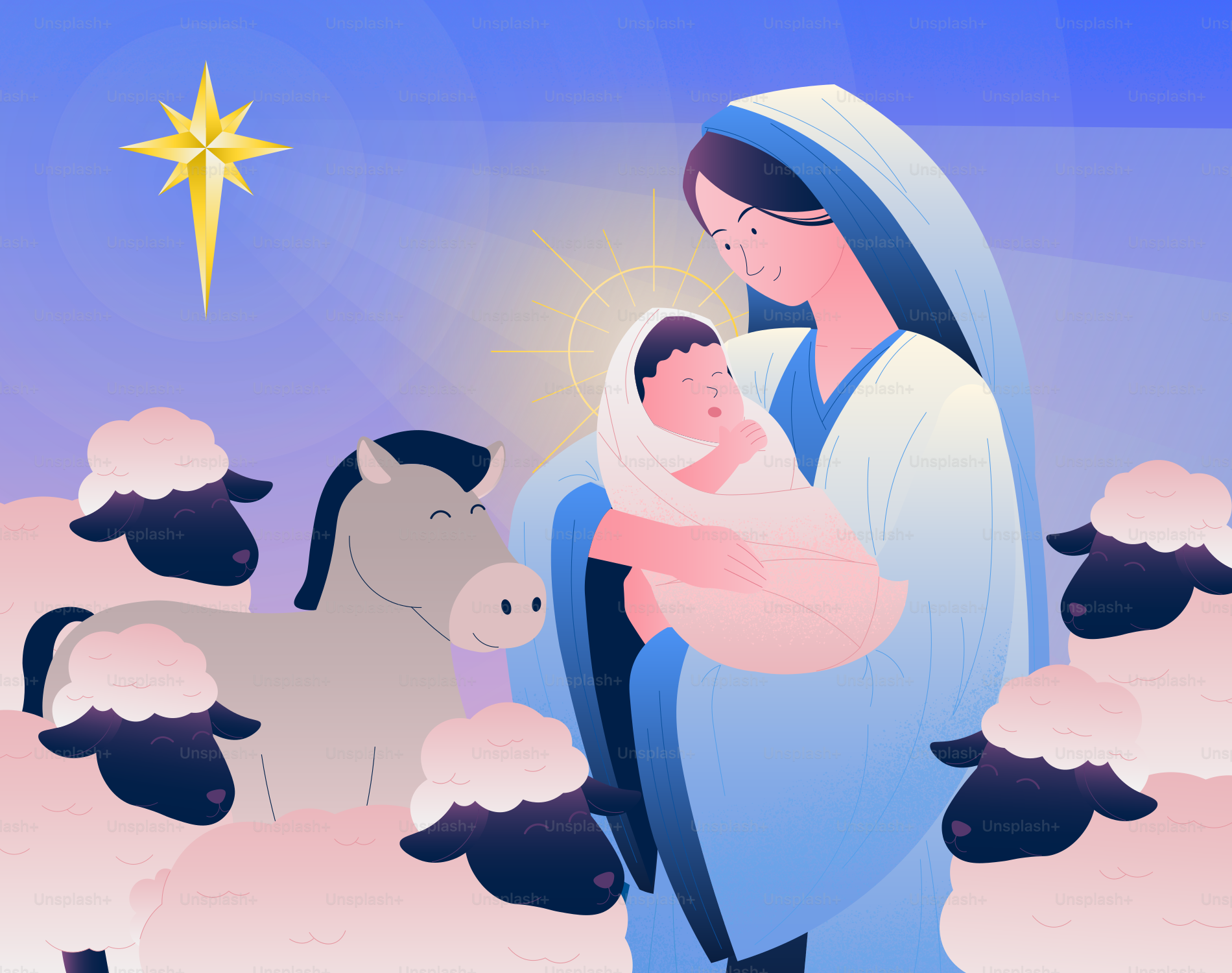 Maria segura o menino Jesus com ovelhas e burros.