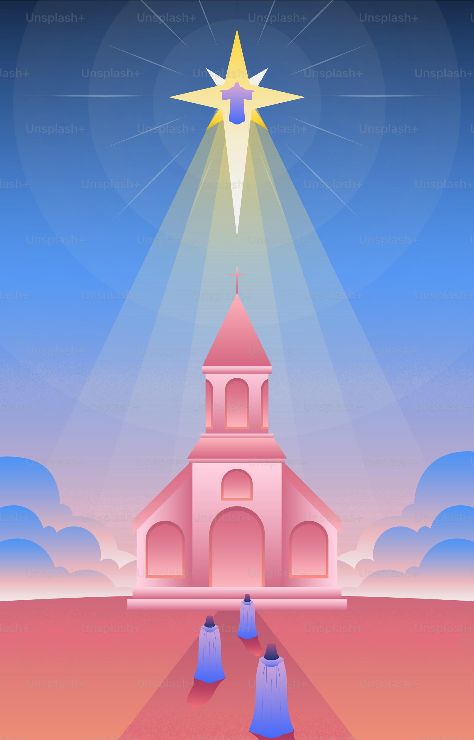 Three figures walk towards a church under a star.