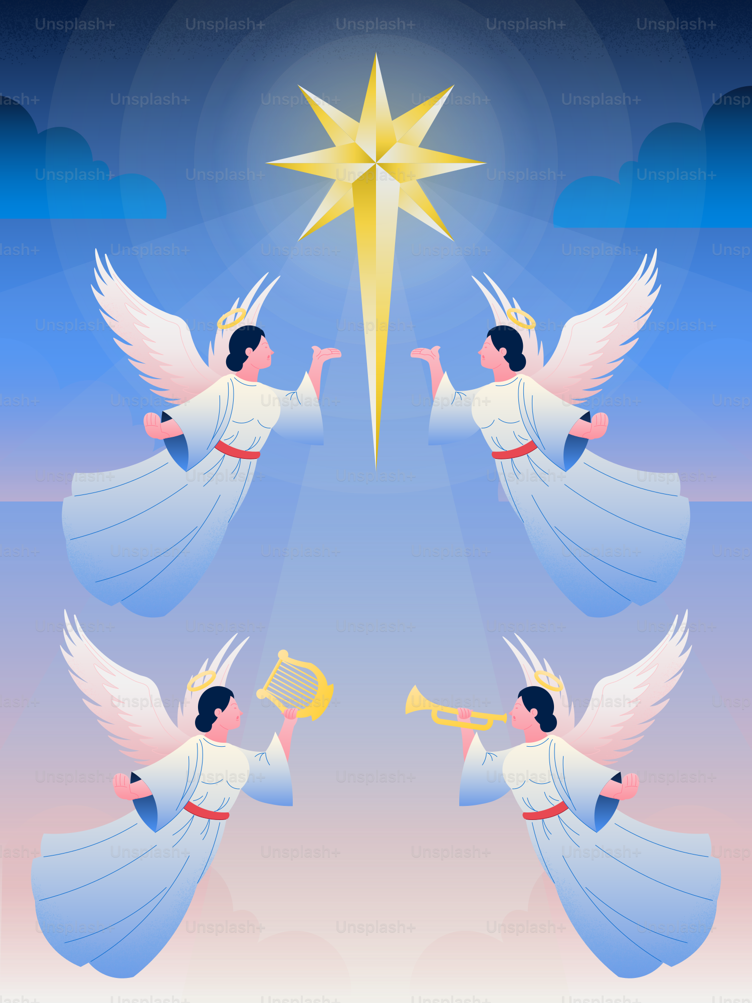 Quatre anges jouant d’instruments sous une étoile brillante.