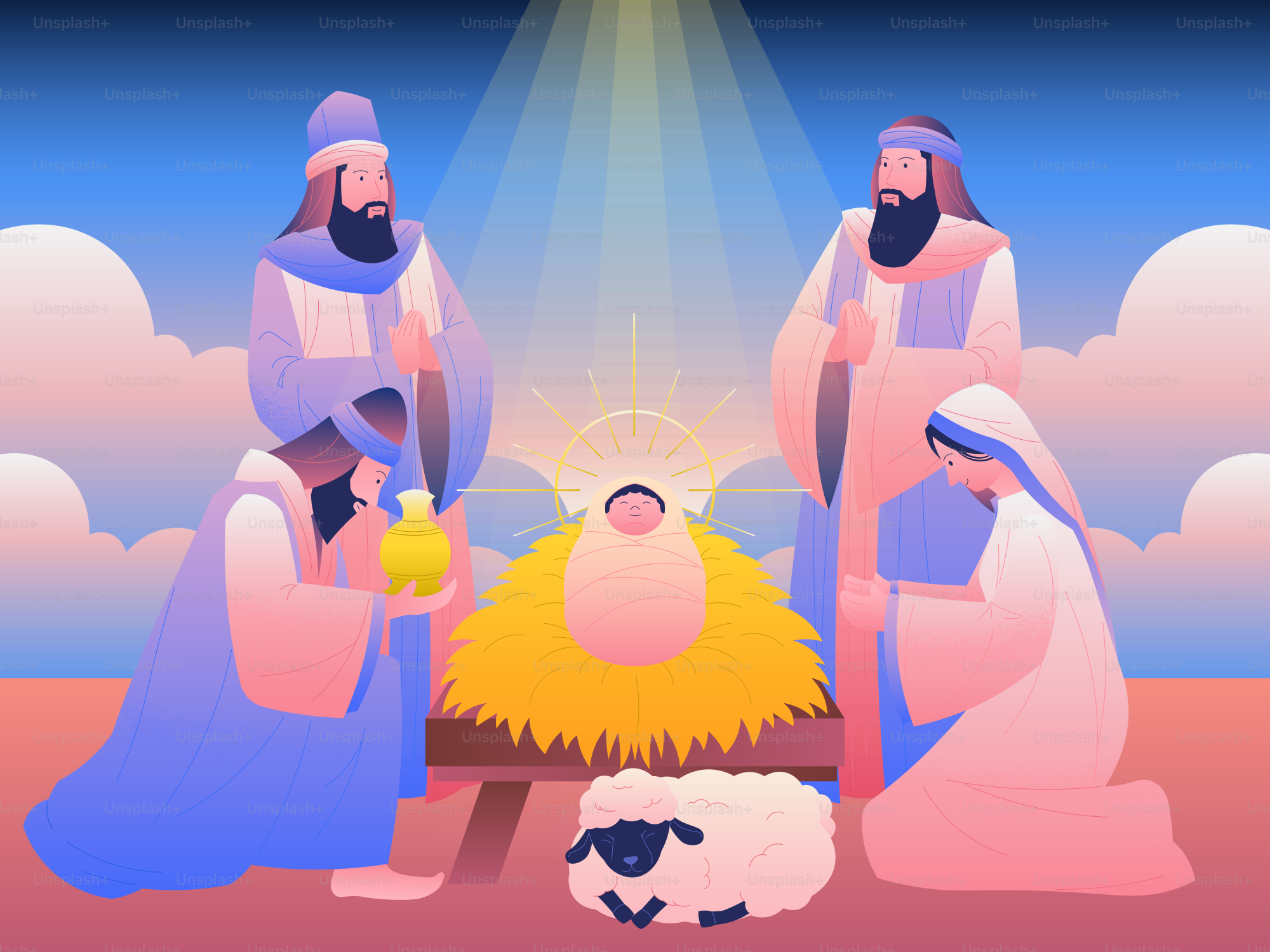 Nativity scene with baby jesus, mary, joseph, and wise men.